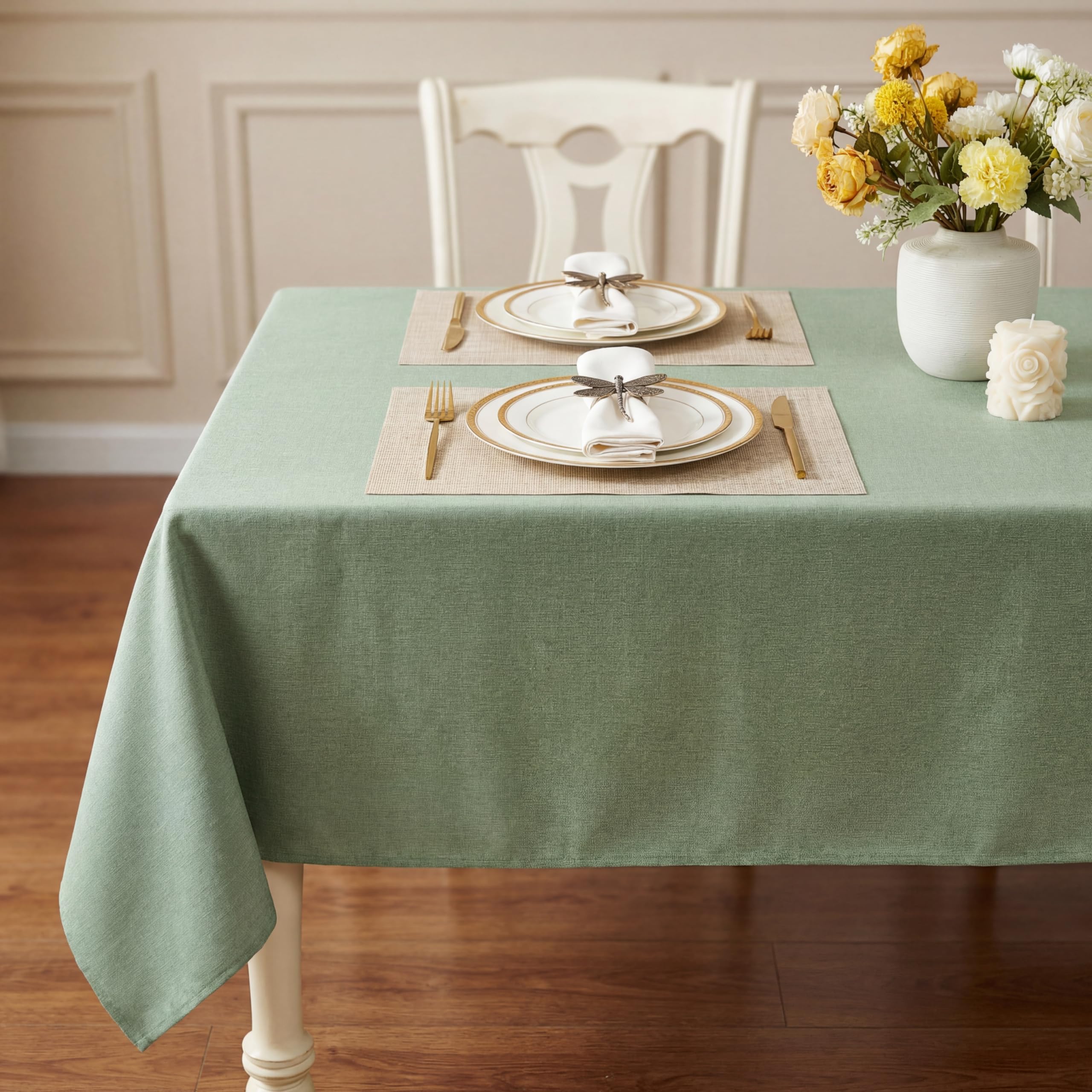 Photo 1 of IVAPUPU Textured Linen Table Cloth for Rectangle Table - Sage Green Tablecloths Rectangular Waterproof Wrinkle Free Wipeable Dining Cover for Spring Wedding Birthday Kitchen Decor, 60 x 84 Inch