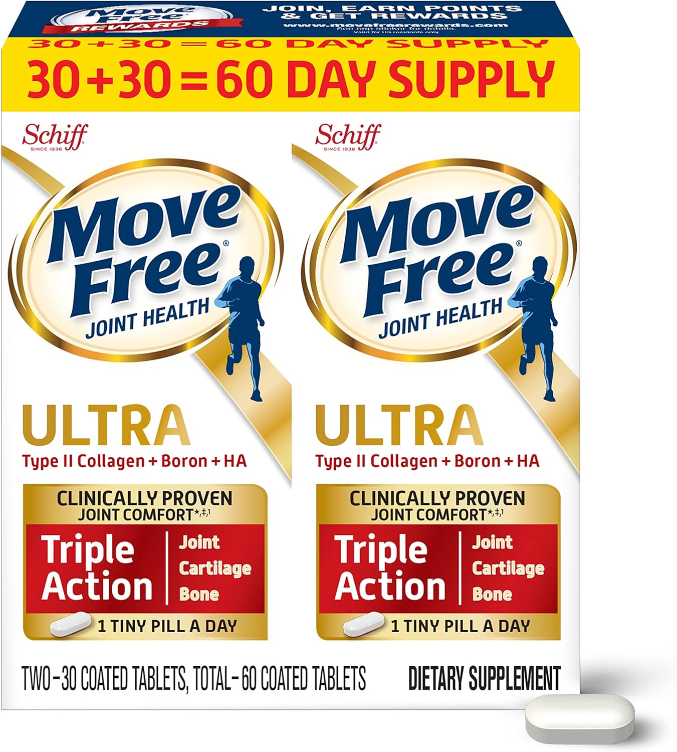 Move Free Ultra Triple Action Joint Support Supplement - Type II Collagen Boron & Hyaluronic Acid - Supports Joint Comfort, Cartilage & Bones