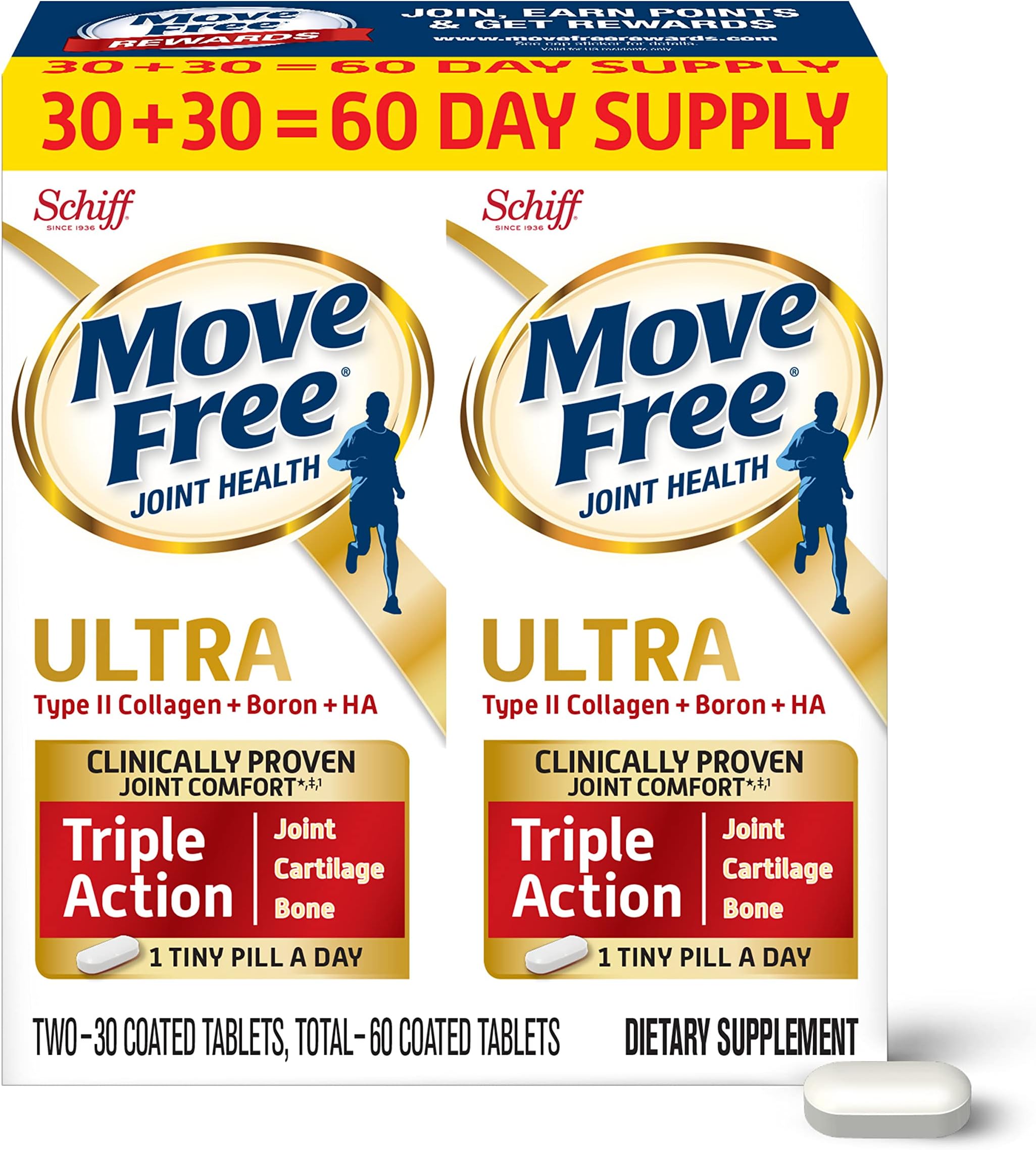 Move Free Ultra Triple Action Joint Support Supplement - Type II Collagen Boron & Hyaluronic Acid - Supports Joint Comfort, Cartiliage & Bones in 1 Tiny Pill Per Day, 2x30ct Bottles (60 servings)*