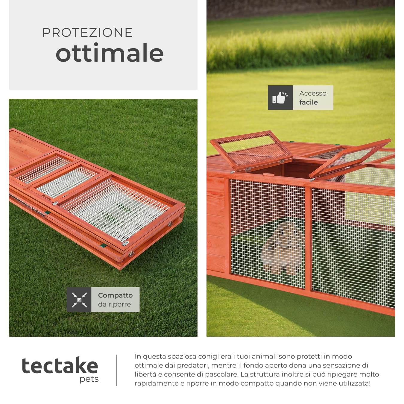 tectake® Conigliera da esterno Pieghevole, Recinto per Conigli con Apertura Tetto Bloccabile, Struttura in Legno Verniciato, Rete Metallica, Casetta da Giardino, Gabbia per conigli - 150 x 103 x 53 cm