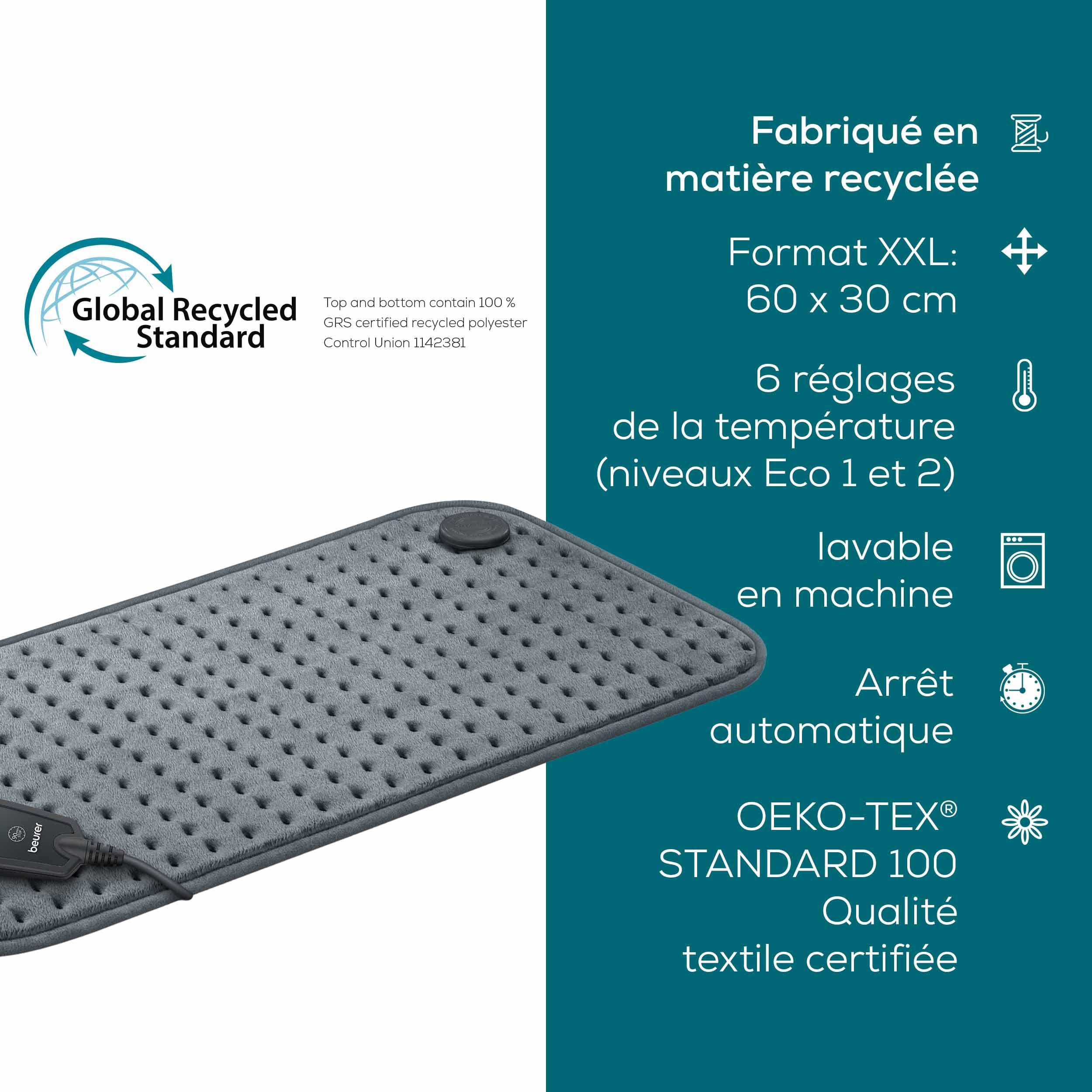 Beurer HK 123 Cosy Grey Green Planet Coussin chauffant, face supérieure et inférieure en matériau recyclé moelleux, format XXL 60 x 30 cm, avec 6 niveaux de température, lavable en machine