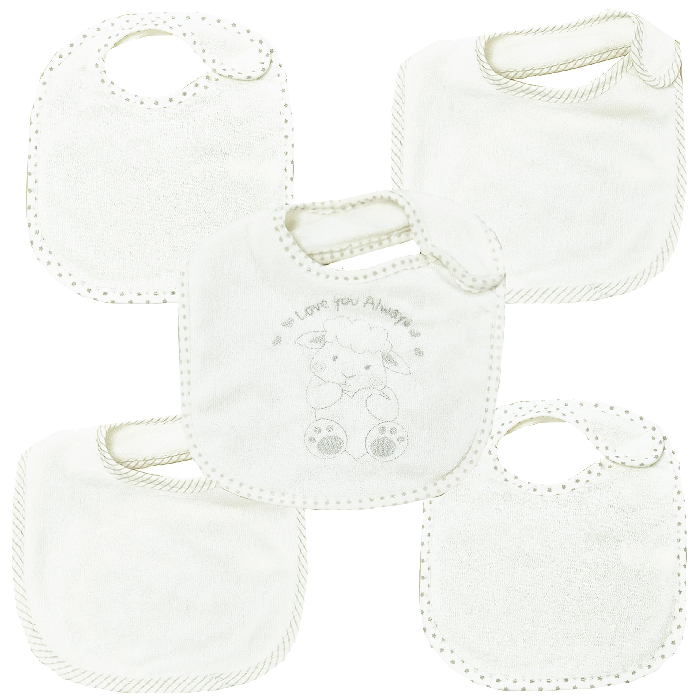 Baby Terry Bibs 5 Pack Boys Girls Feeding Dribble Baby Bibs (Cream)
