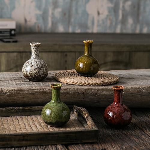 Miniatura 2 de JOJUNO Glazed Rustic Bud - Juego de 4 jarrones pequeños de cerámica en blanco, amarillo, verde, rojo, ideal para flores frescas y secas, decoración