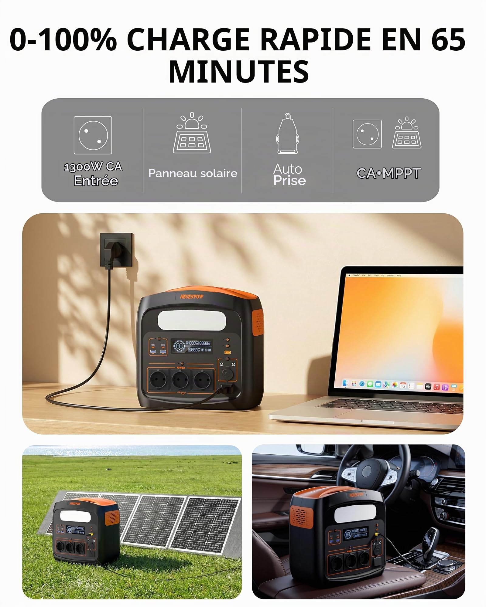 Station d'alimentation portable 1800 W (pointe de 3600 W), batterie LiFePO4 1024 Wh, charge rapide en 65 min, PD 100 W, USB-C/AC/DC, charge solaire, pour camping, courant d'urgence, extérieur