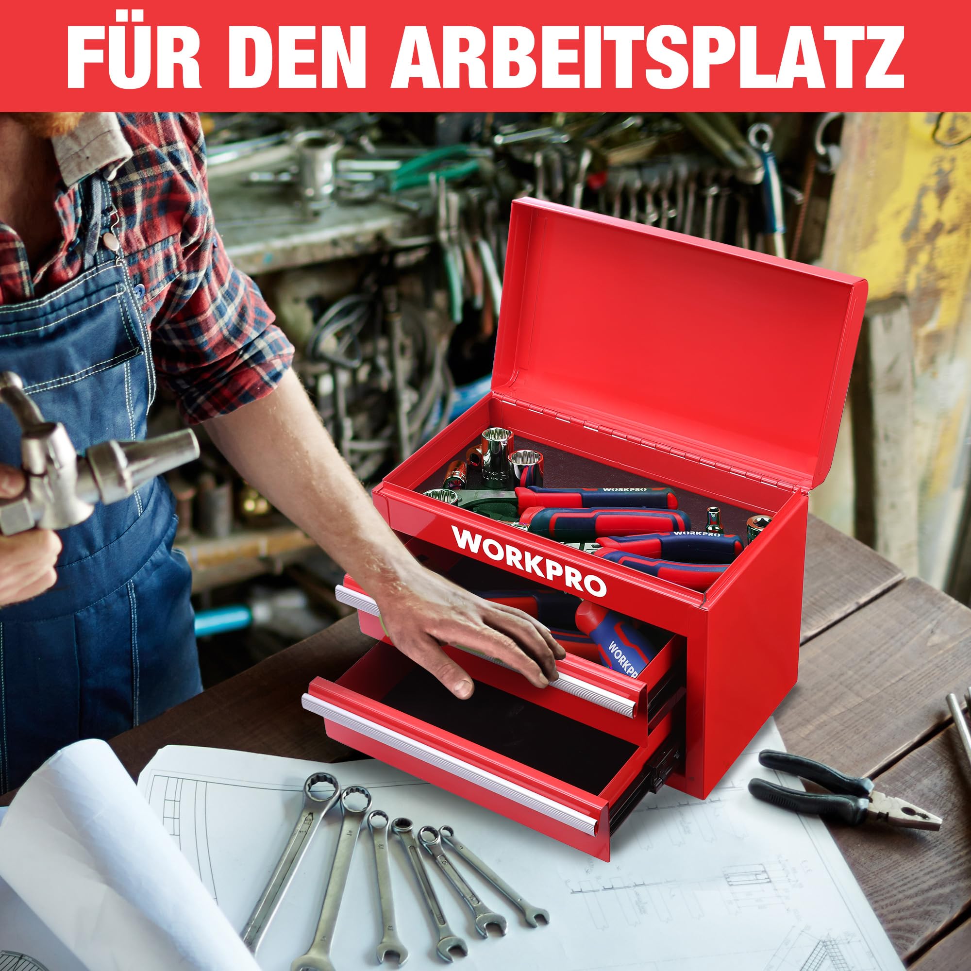 WORKPRO Metall Schubladenbox 2 Schubladen, Rot, Tisch Organizer | Mit oberem Stauraum, ideal für Büro, Schreibtisch und Umkleide, zur übersichtlichen Aufbewahrung von Kleinteilen