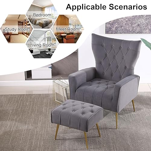 Miniatura 6 de ODUWA Silla decorativa de terciopelo con otomana, sillas decorativas modernas con reposabrazos y respaldo, silla capitoné con botones, sillón