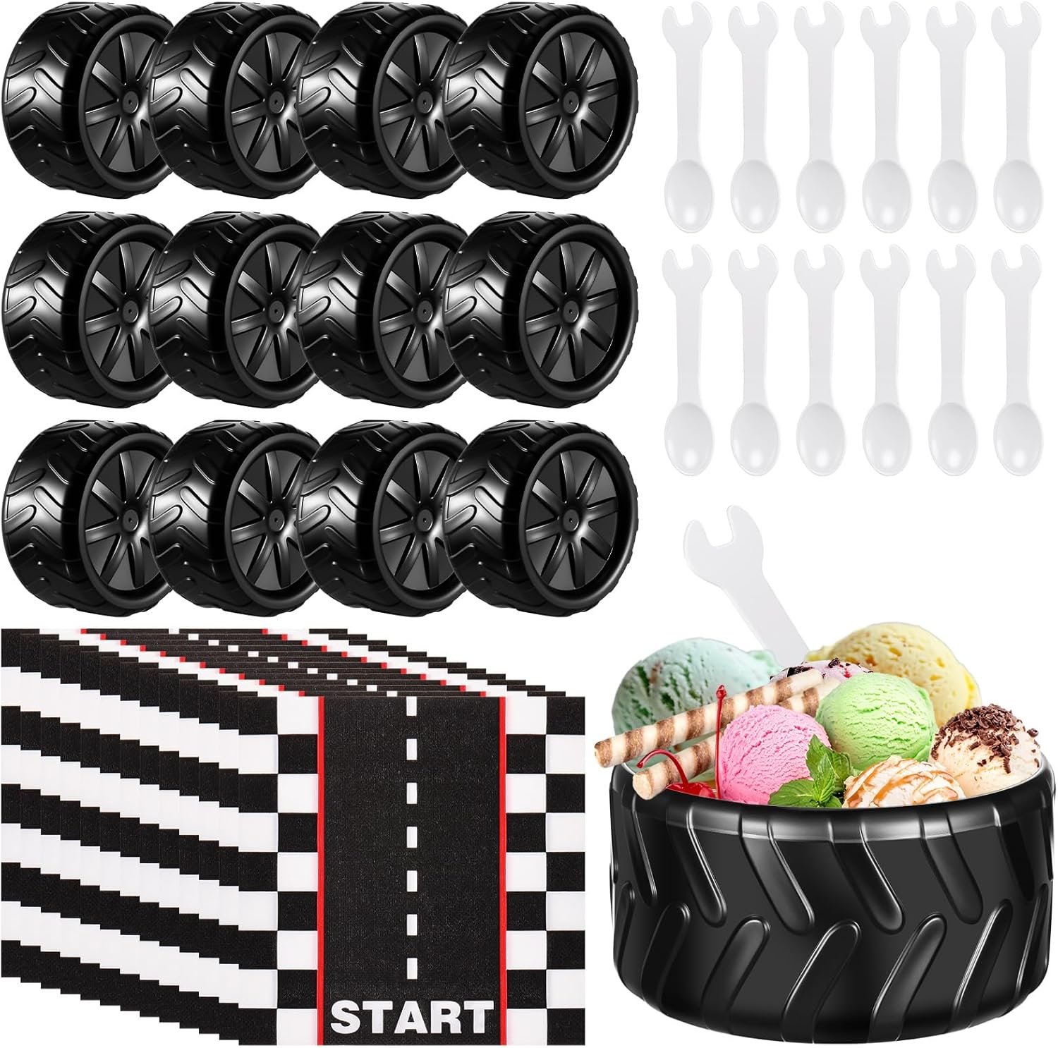 Uiifan 24 Set Truck Wheel Ice Cream Bowls Spoon Napkin Set, Disposable Racing Car Napkins, Racing Car Party Plastic Frozen Yogurt Cups with Spoons for Race Theme Party Favor Kids Gift