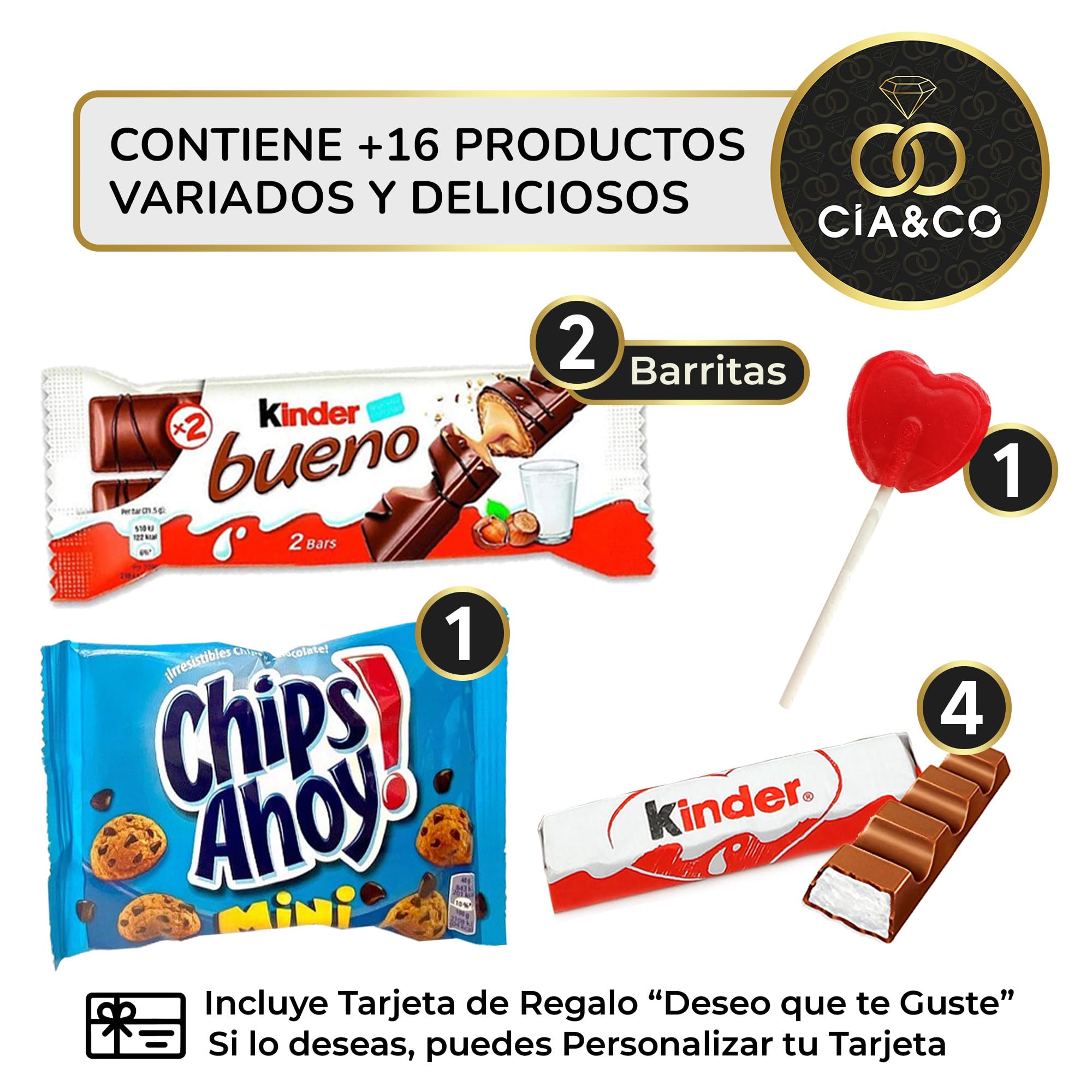 Cajita Regalo Original con 17 Chocolates Kinder Bueno, Cards, Kinder Chocolate, Twix, Mars, Kit Kat, Huesitos, Galleta Lotus Biscoff y Mucho Más · Día de la Madre · Con Tarjeta y Texto Personalizada