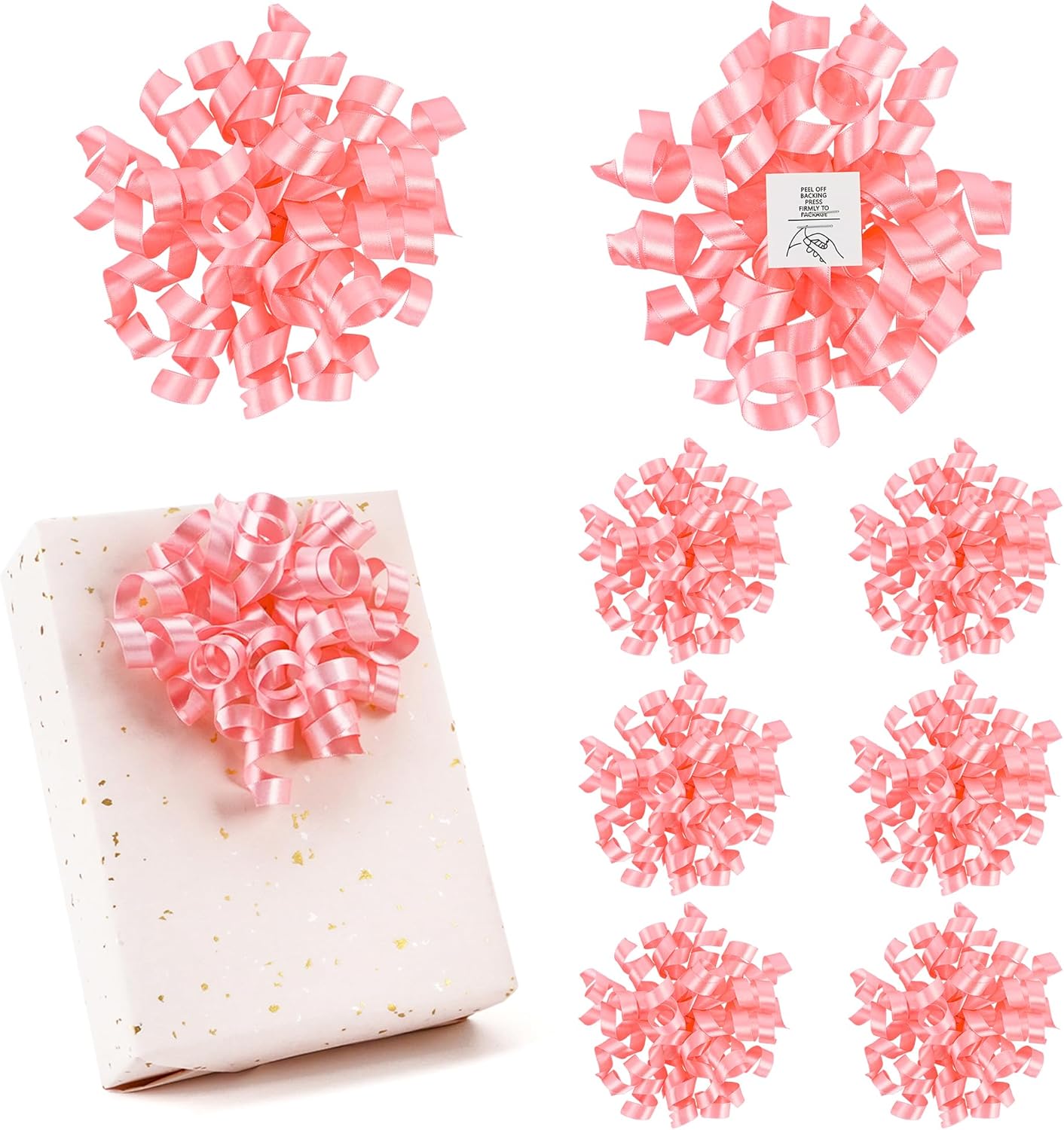 5 Inch Baby Pink Gift Bow Curly Ribbon Bows Set of 8, Double Faced Satin Ribbon Bow Premade Self Adhesive Bow Decorations for Party, Wedding, Holiday, Bows for Crafts, Wine Bottle, Presents