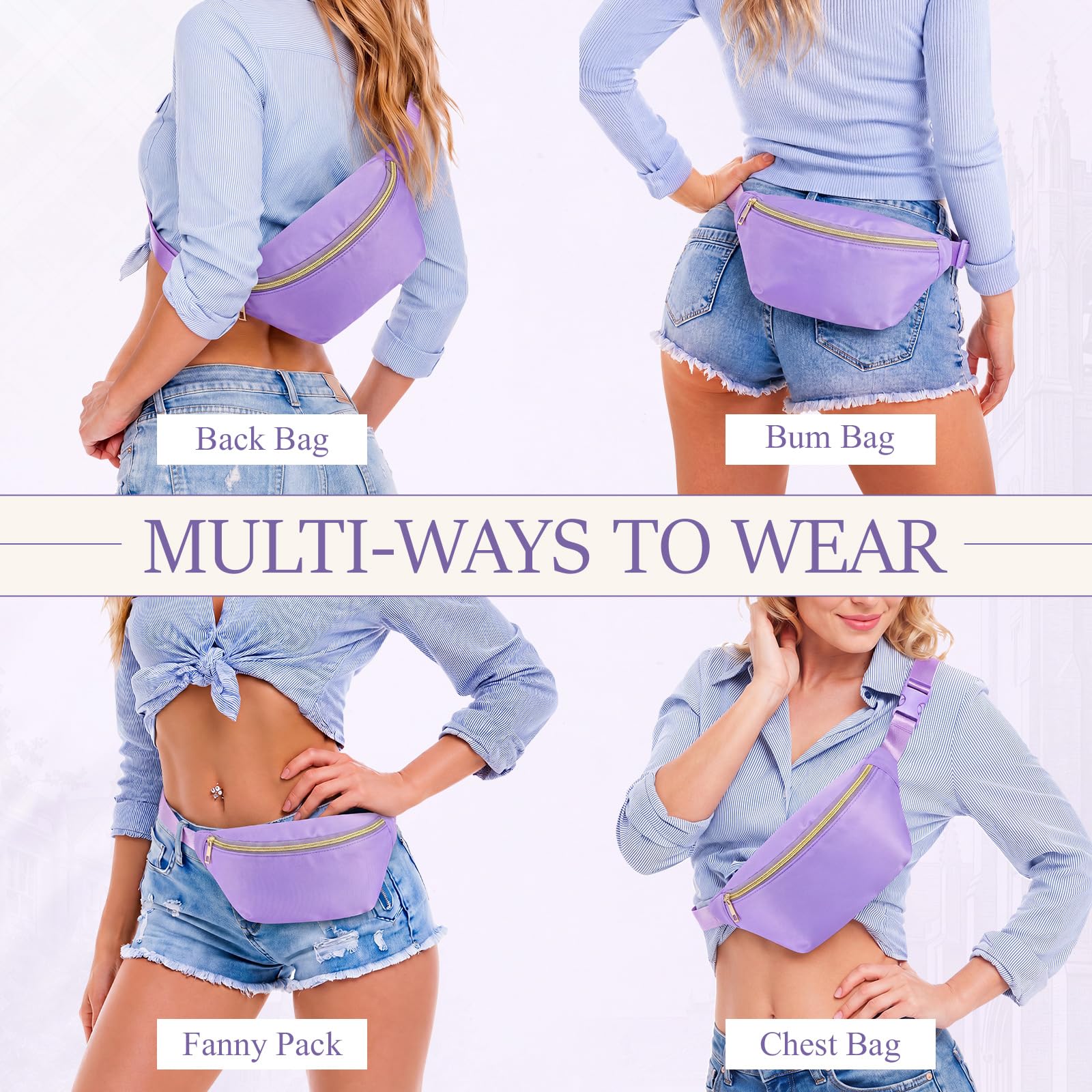 Amylove 9 Stück Bauchtaschen Nylon Hüfttasche Reißverschluss Reise Lauftasche mit verstellbarem Gurt für Damen und Herren, Violett, Hüfttasche