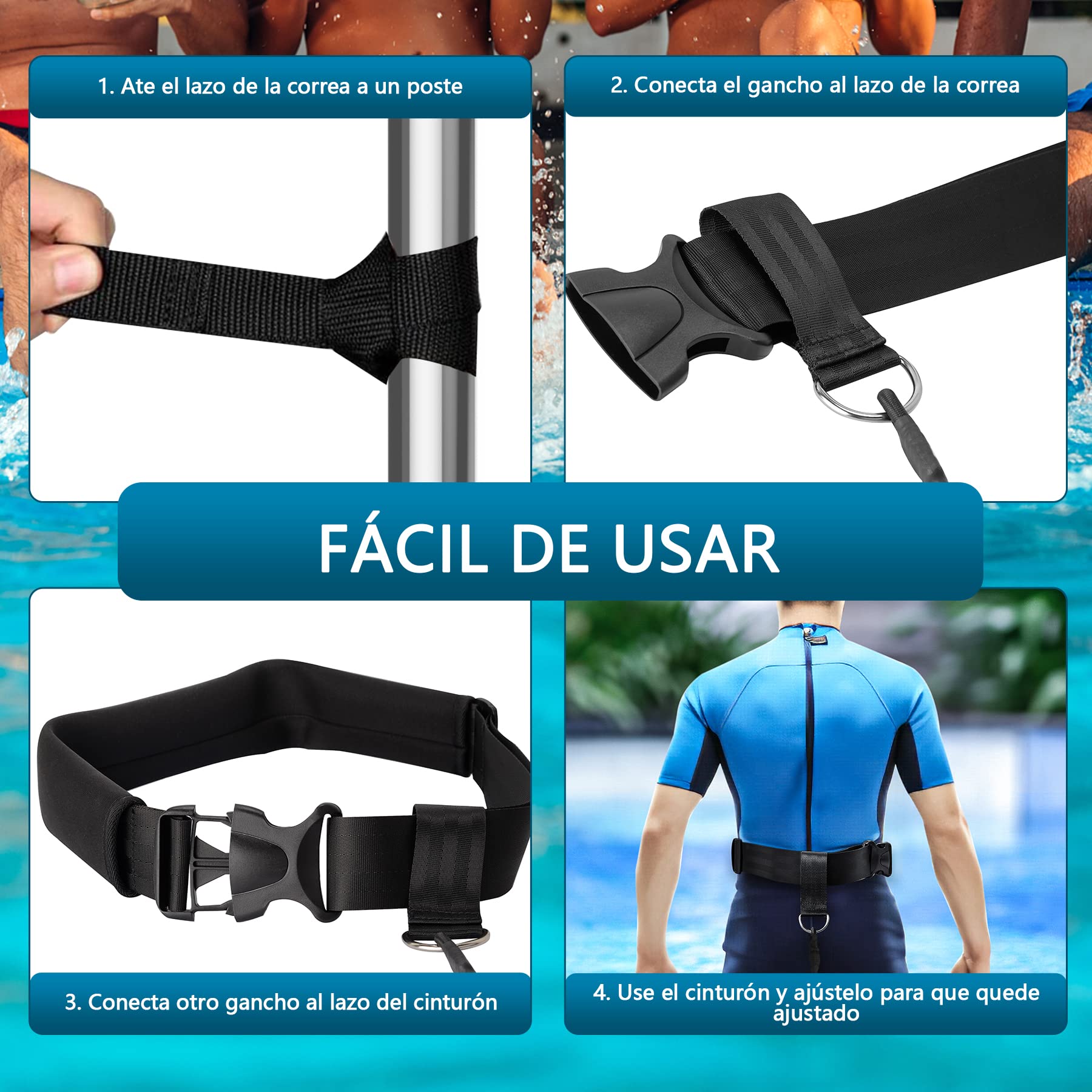 Boosteady Cinturon Natacion Cinturón de natación para Piscina 3,6 M cinturón de Resistencia de natación Ajustable Correa de cinturón de Entrenamiento de natación para niños Adultos