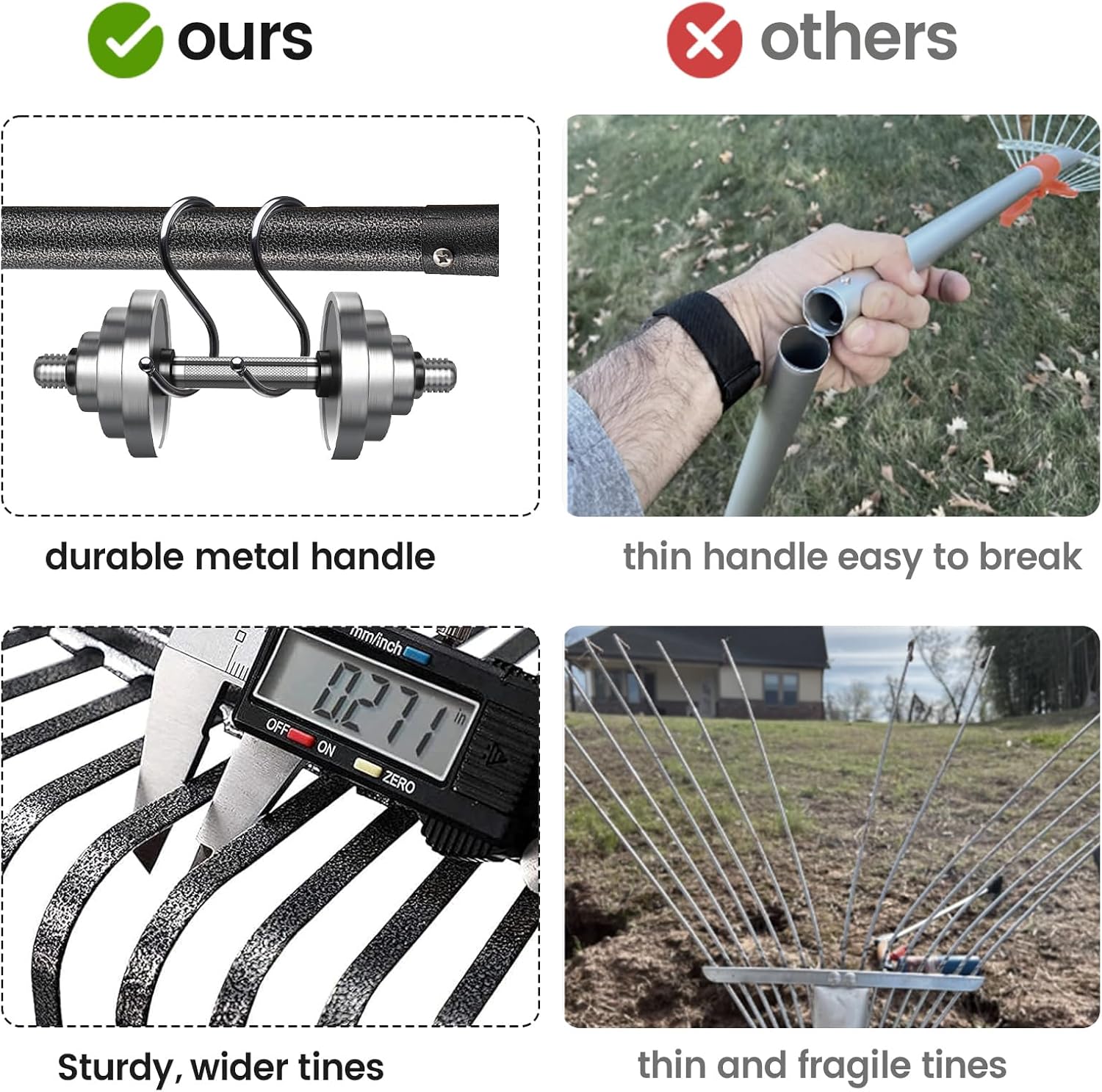 COCONUT 6FT Adjustable Metal Head & Handle Leaf Rake for Lawns, 11 Tines, Gray