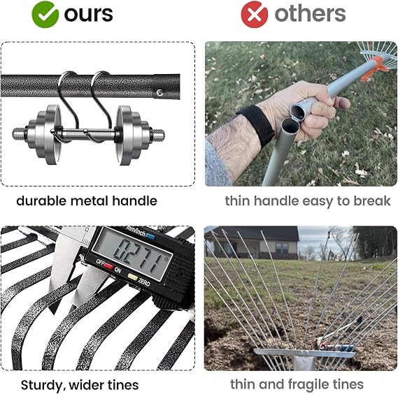 COCONUT 6FT Adjustable Metal Head & Grip Leaf Rake for Lawns, Heavy Duty, 25 Tines, Yard, Grass, Mulch, Shrub, Flower Bed, Camping