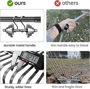 COCONUT 6FT Adjustable Metal Head & Grip Leaf Rake for Lawns, Heavy Duty, 25 Tines, Yard, Grass, Mulch, Shrub, Flower Bed, Camping