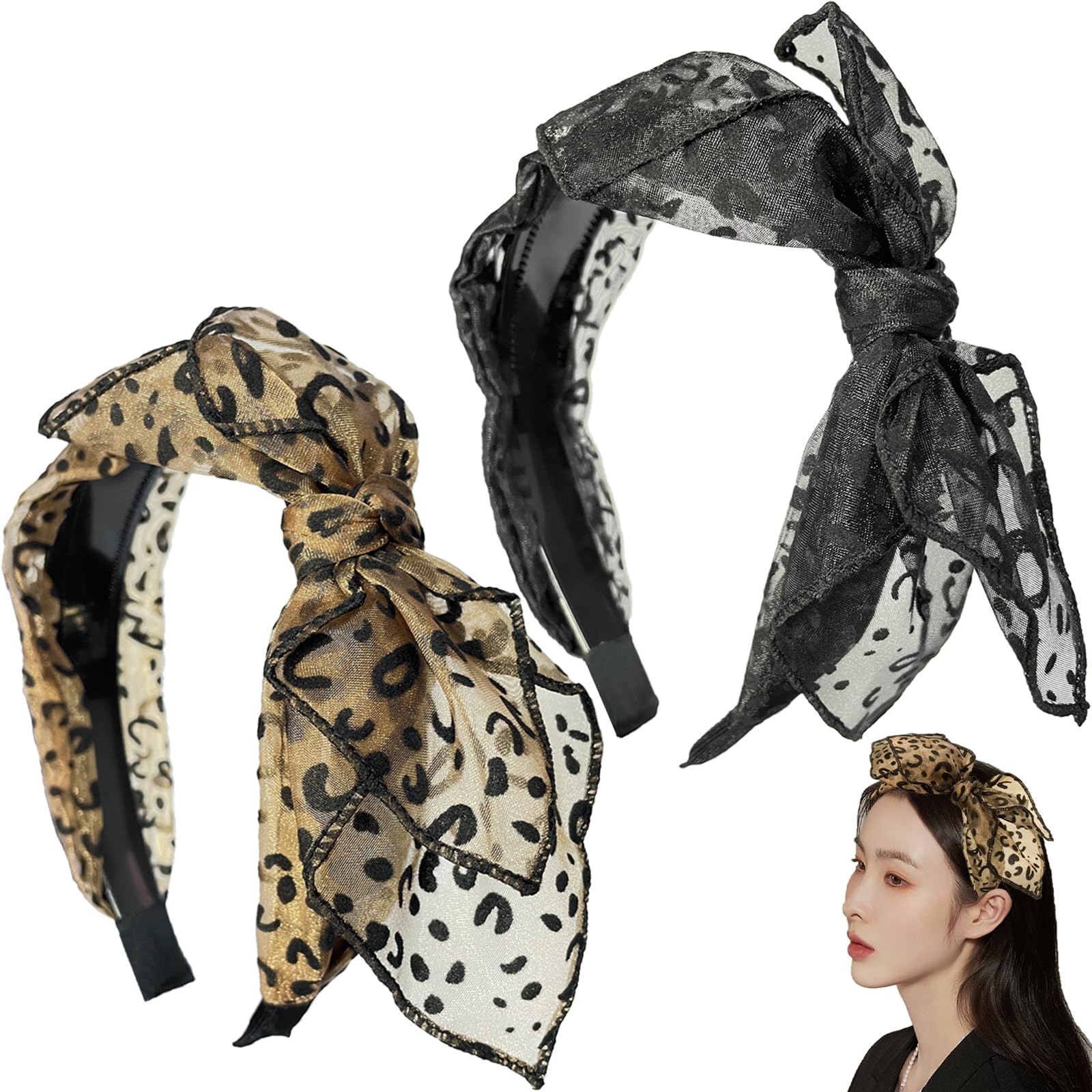 2Pcs Leopard Print Headband Wide Headband Non Slip Hair Band for Women Girls Washing Face Sport Party, Gold, 1 count (Pack of 2)