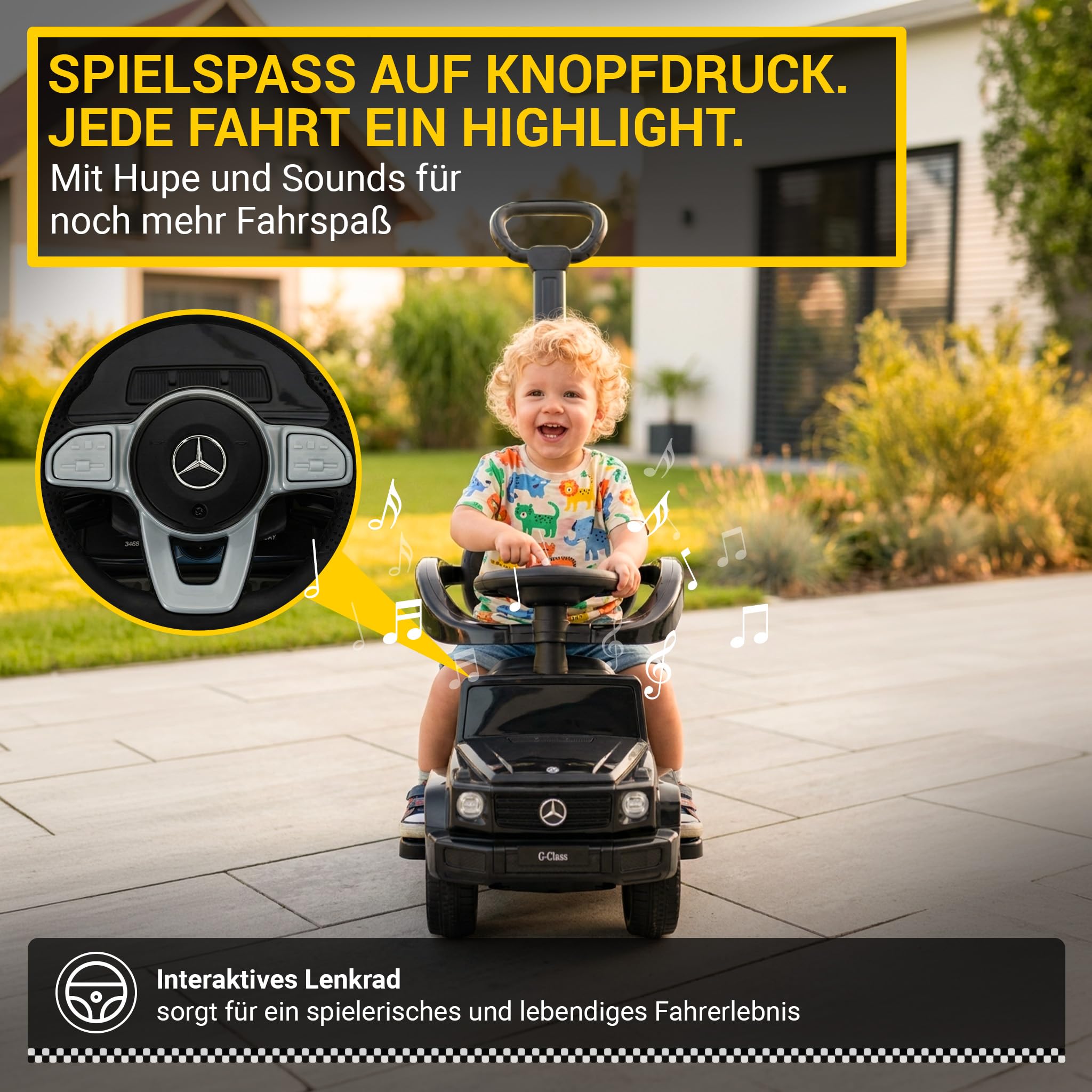 Actionbikes Motors Lauflernwagen Mercedes G350d | Rutschauto mit Schiebestange Schutzbügel Sonnendach - Kinderauto - Rutschfahrzeug - Laufrad - Gehwagen - Kinderfahrzeuge ab 1 Jahr (Schwarz 3in1)