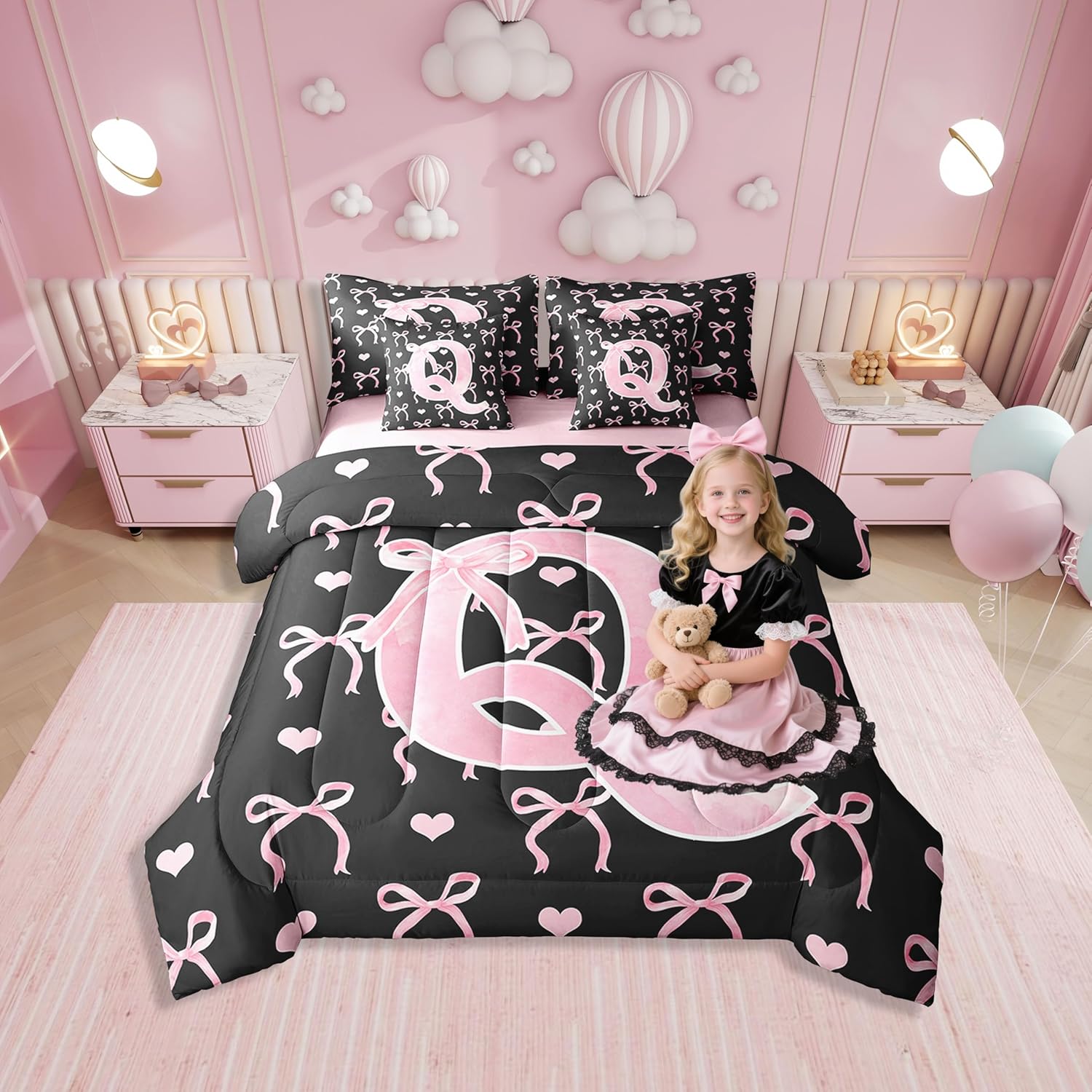 Erosebridal Black Pink Bow Set with Sheets Queen Size for Girls Ombre Alphabet 7 Piece Bedding Set Cute Love Hearts Fairy Girly Sweet Princess Style All Season Bed in A Bag