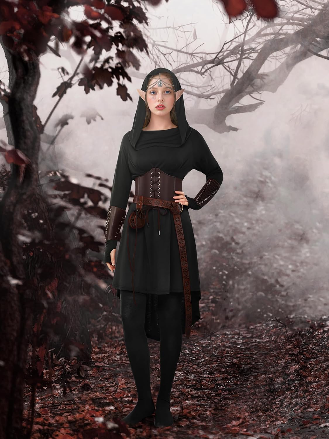 SOMSOC Women Renaissance Halloween Fairy Costumes Medieval Hooded Robe Lace Up Dress Accessories Set Cosplay - Image 6