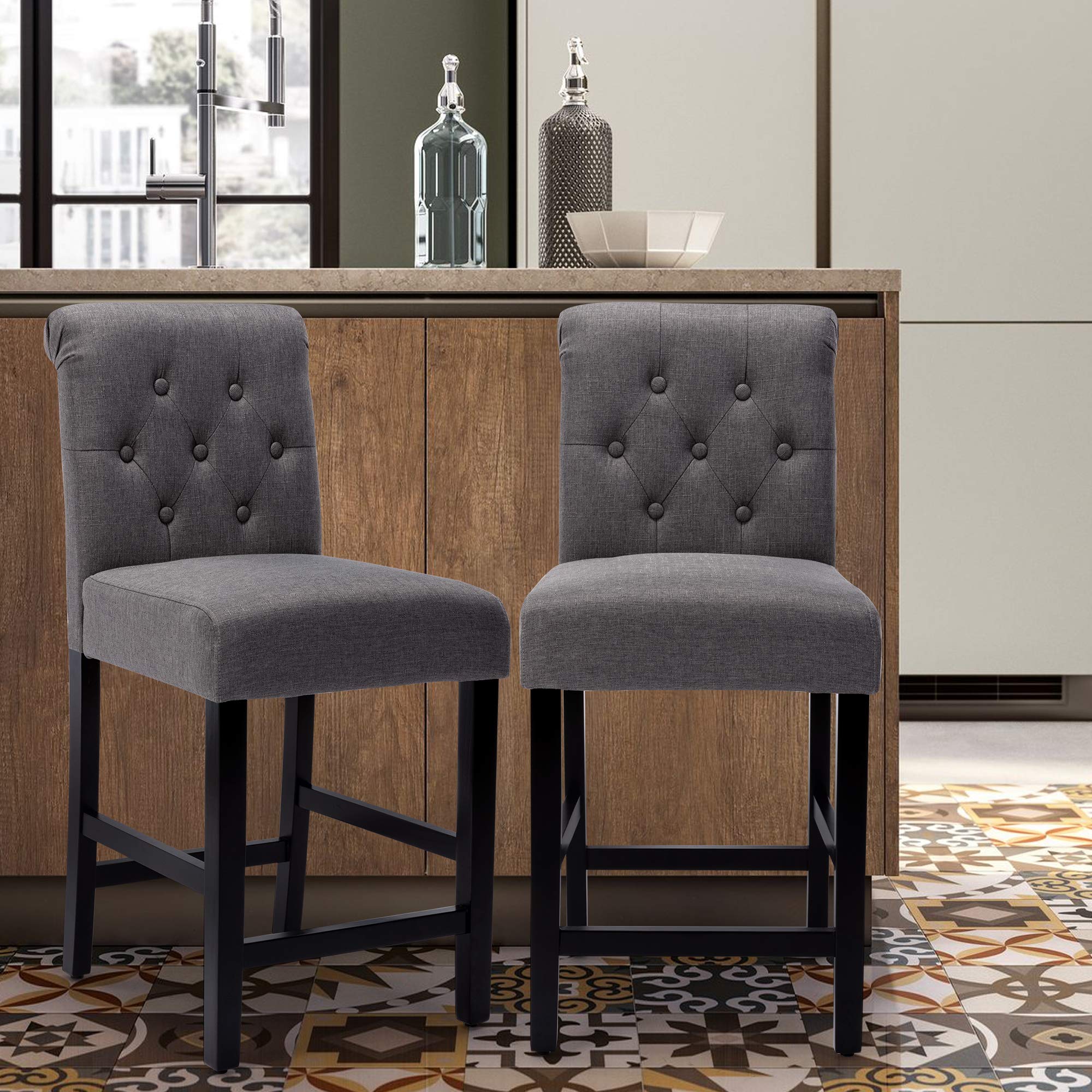 Bar Stools Set of 2, 24 inch Fabric Counter Height bar stools, Kitchen