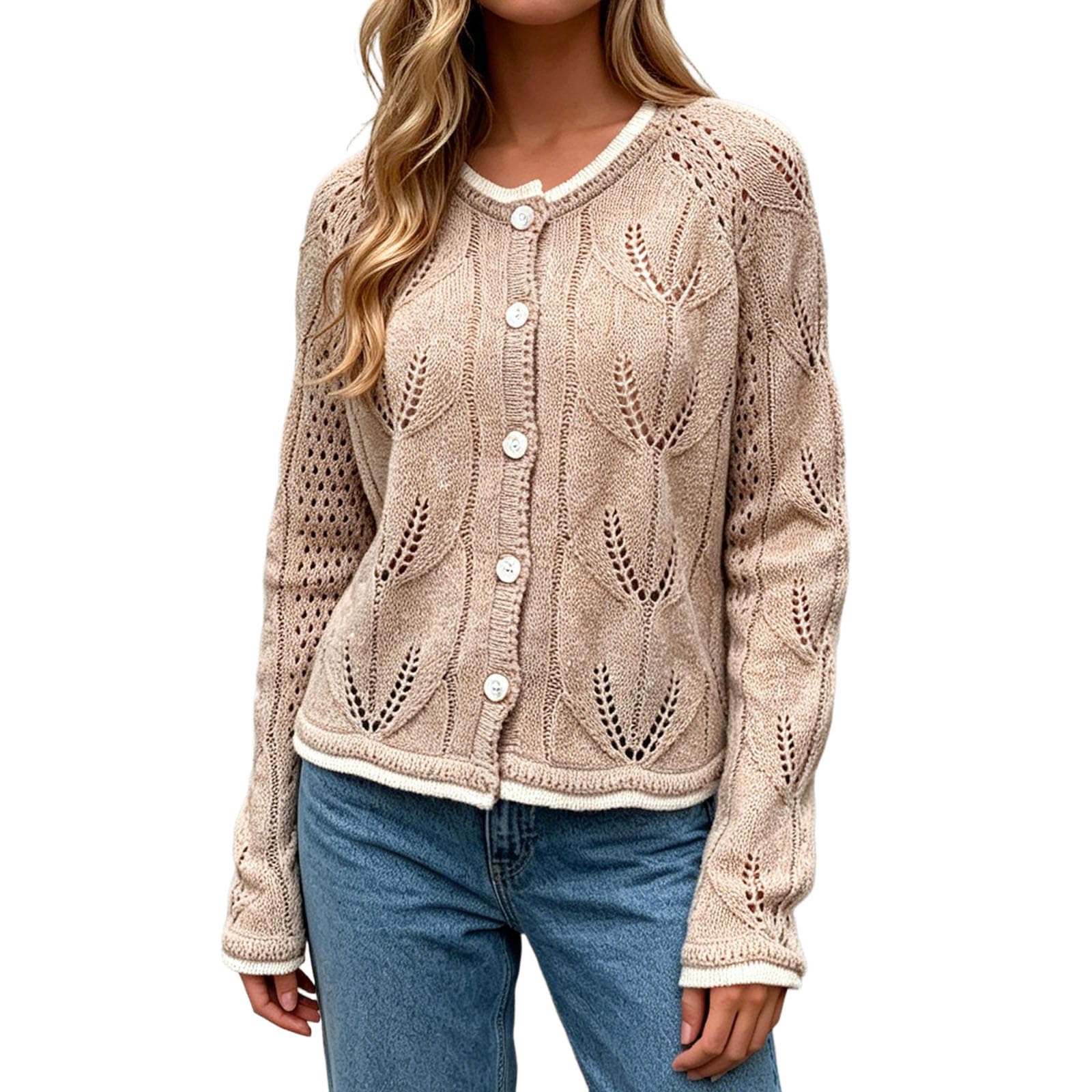 Strickjacke Damen gemütlicher locker gestrickter Cardigan Lange Ärmel Knopfverschluss lässige Strickware ideal zum Kombinieren Leichter Alltags Overall mildes Wetter