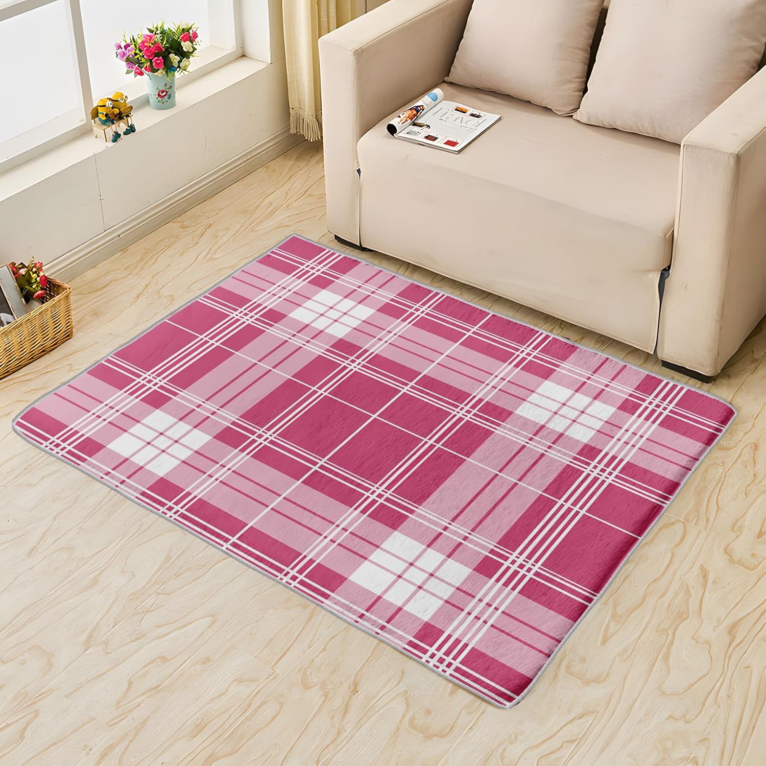 Washable Rugs 2x3 Pink and White Gingham Rug & Home Decor - Front Door Mat Indoor Entrance, Buffalo Plaid Rugs for Entryway, Non Slip Soft Small Area Rug, Buffalo Check Carpet & Room Decorations X-&2