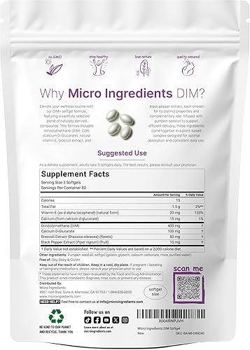 Miniatura 2 de Micro Ingredients DIM+ Suplemento de 400 mg para hombres y mujeres 240 cápsulas blandas con aceite de semilla de calabaza Complejo 7 en 1
