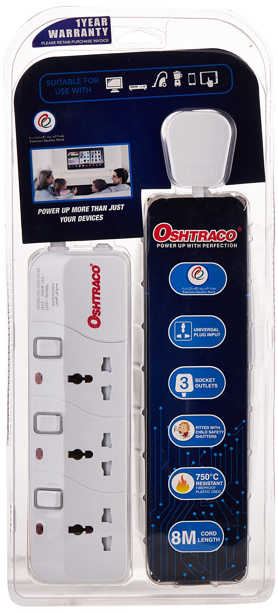 Oshtraco OTC-3313S-8M 3 Way Switched Universal Extension Cord with 8 Meter Wire