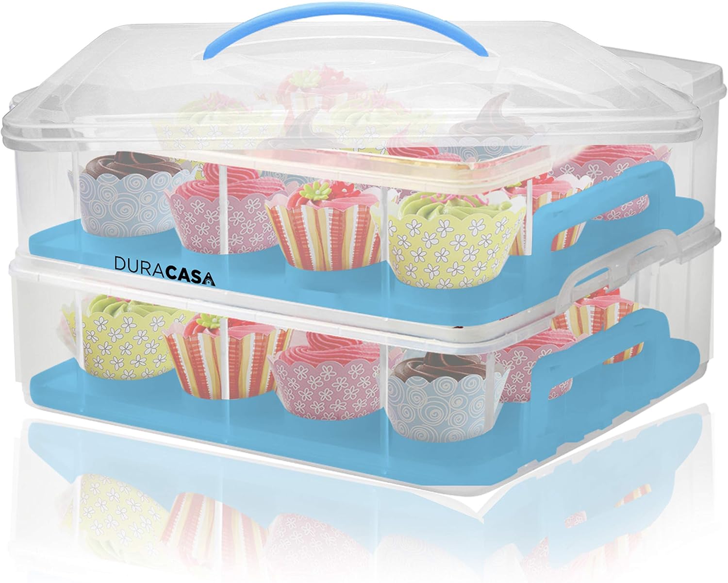 DuraCasa Cupcake Carrier, Cupcake Holder - Store up to 24 Cupcakes or 2 Large Cakes | Stacking Cupcake Storage Container | Cupcake, Cookie, or Cake Dessert Carrier (Blue)