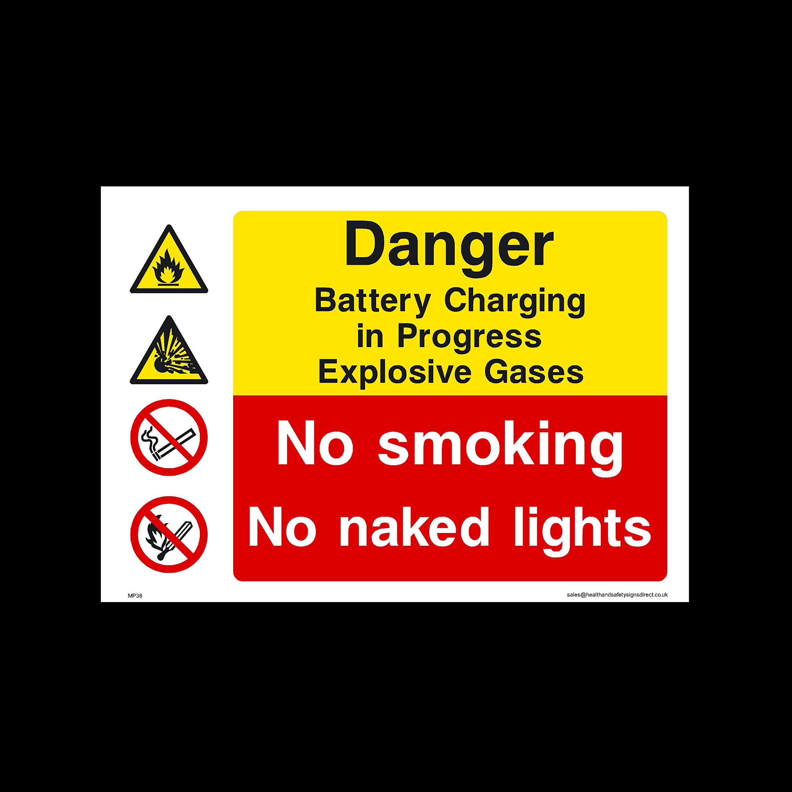 Danger Battery charging in progress Plastic Sign (MP38) - Danger, Caution, Flammable, Ear Protection, No Smoking, Harness, Men at work