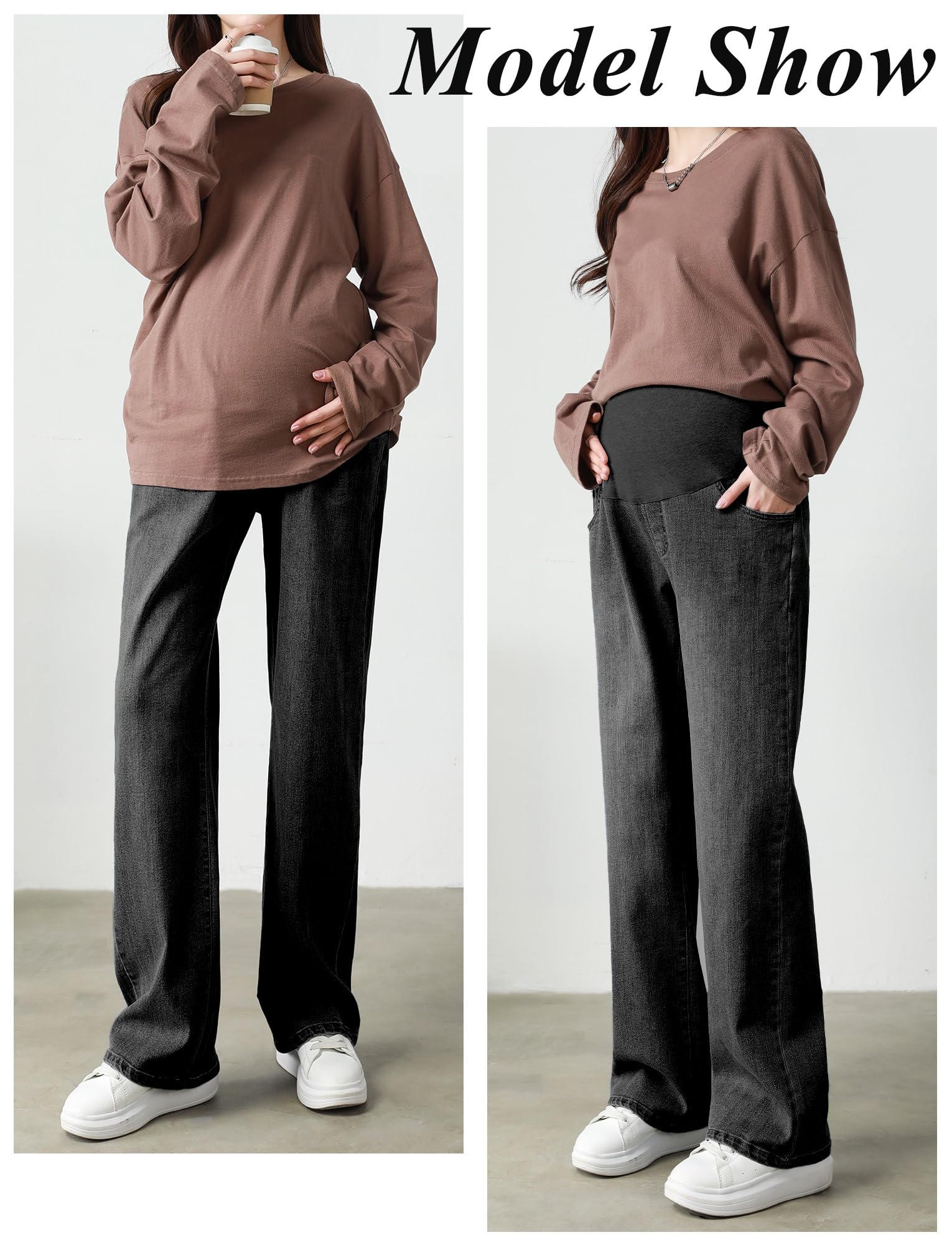 FEOYA Damen Umstandsjeans Hohe Taille Umstandshosen Weites Bein Jeans Hose über dem Bauch Schwangerschaftshose Stretch Freizeitjeans Umstandskleidung mit Tasch