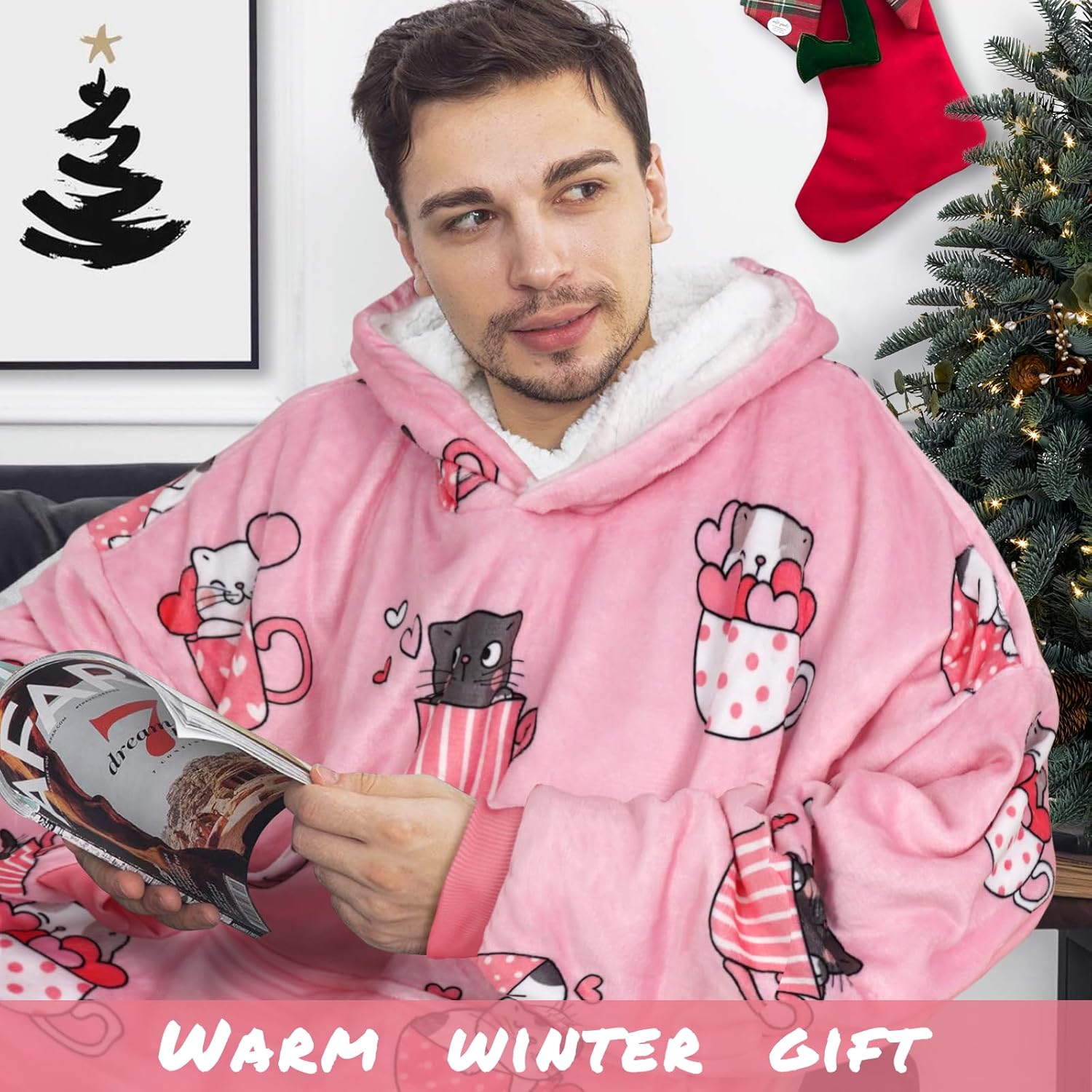 Oversized Sherpa Wearable Hoodie Blanket Sweatshirt with Giant Pocket, Birthday Christams Gifts for Adults Women Men