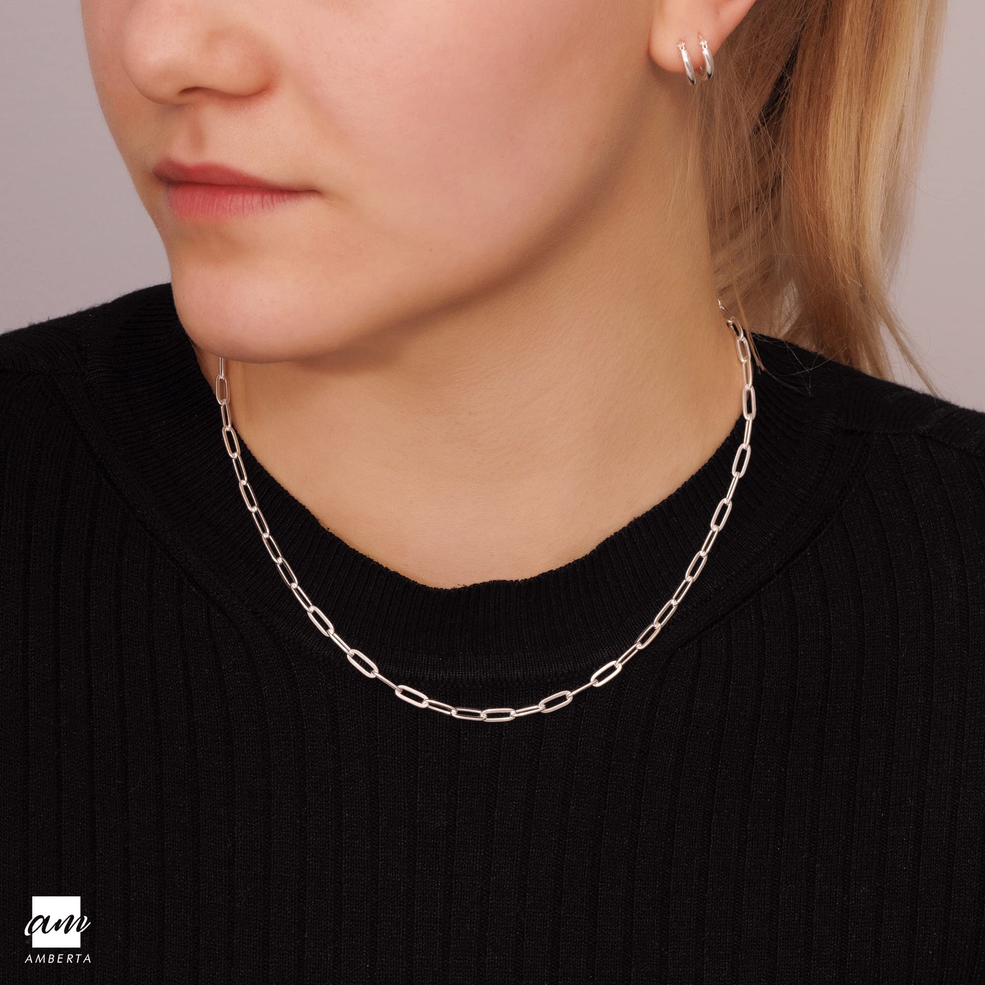 Amberta - Collar con eslabones de clip de plata de ley 925 para mujer