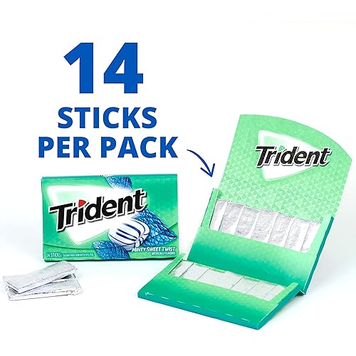 Miniatura 5 de 12 paquetes de 14 unidades cada uno es decir en total son 168 unidades de goma de mascar Trident Minty Sweet Twist sin azúcar sabor menta dulce