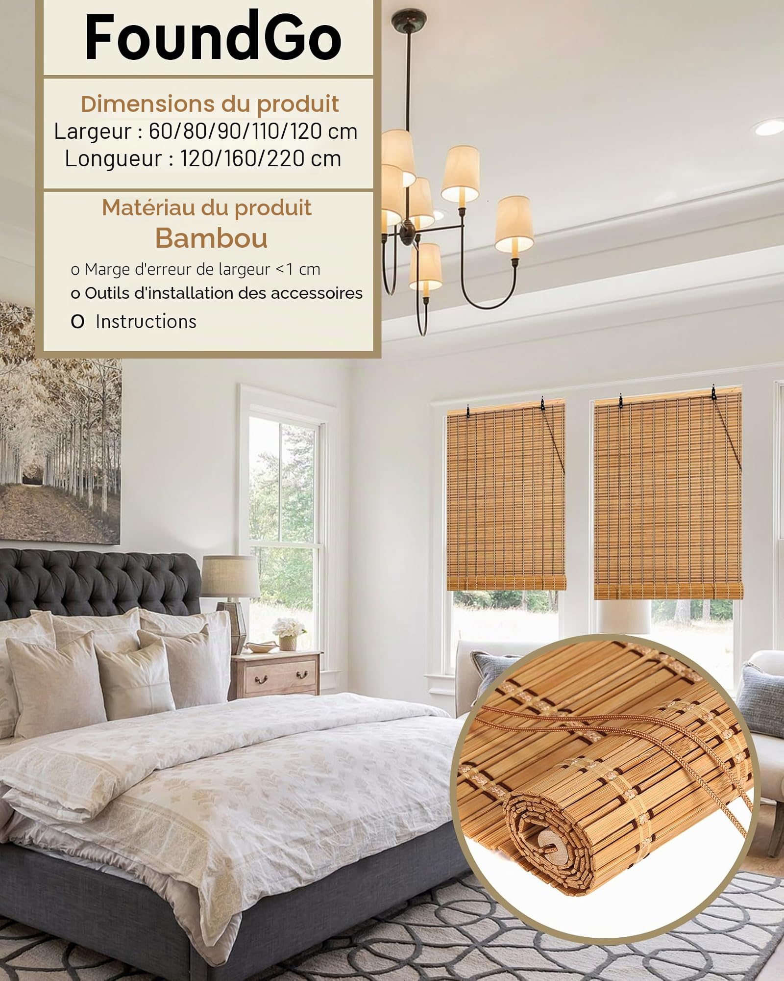 FoundGo Store en Bambou Volet Enrouleur Venitien de Protection Visuelle et Solaire Rideau Occultant à Traction Latérale pour Fenêtres et Portes Taille Personnalisée:WxL: 60x120cm