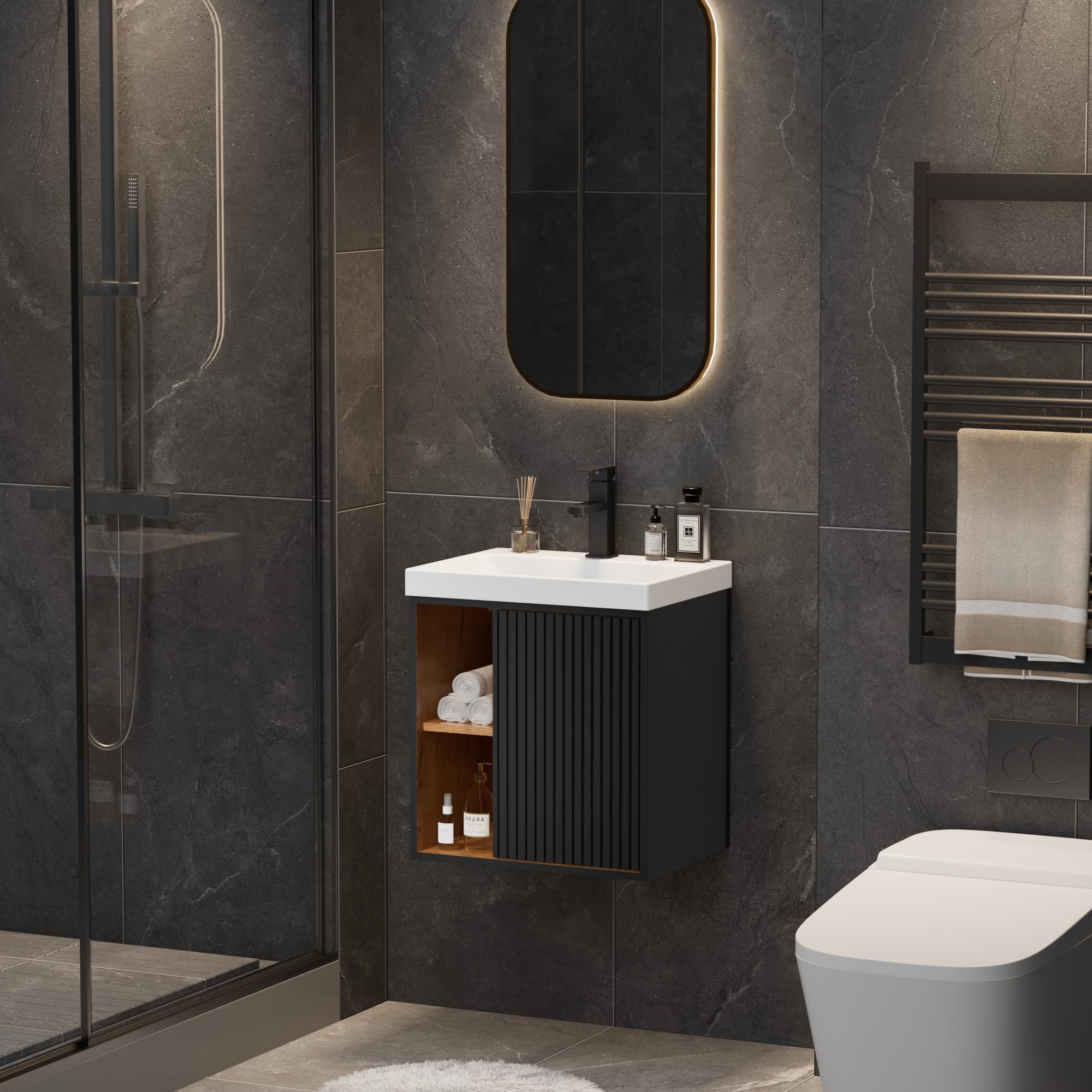 UEV Meuble Lave-Mains Suspendu avec Lavabo en Résine - Meuble de Salle de Bain Mural Gain de Place - Design Moderne à Lignes Verticales et Poignées Métalliques - Rangement Caché, 50x38x55cm, Noir