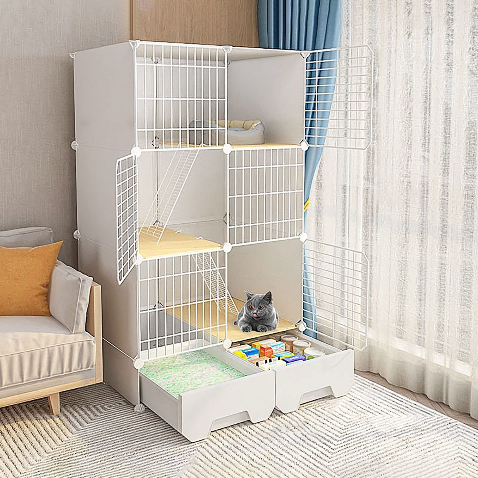 Parc d'intérieur pour chat modulable en fil métallique avec enclos amovible pour chaton