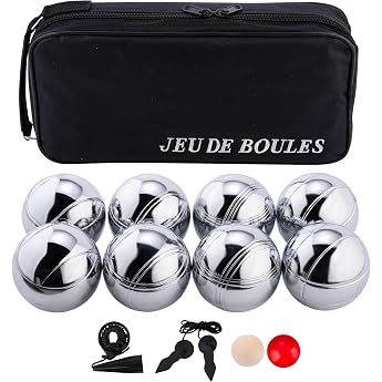 8-teilige Metall Boule Kugeln Set mit Tasche, Magnet, Distanzmesser & Holz-Cochonnet &ndash; Boccia / Botcha Spiel f&uuml;r Kinder & Fam