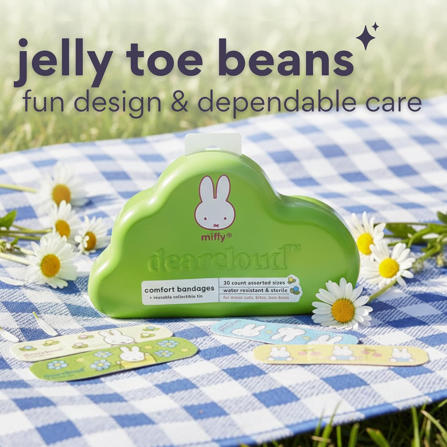 dearcloud Miffy Comfort Bandages with Reusable Tin – 30 ct Waterproof Bandages – Latex-Free, Hypoallergenic, Flexible Fabric Variety Pack for Kids & Adults (Jelly Toe Beans) - Image 3