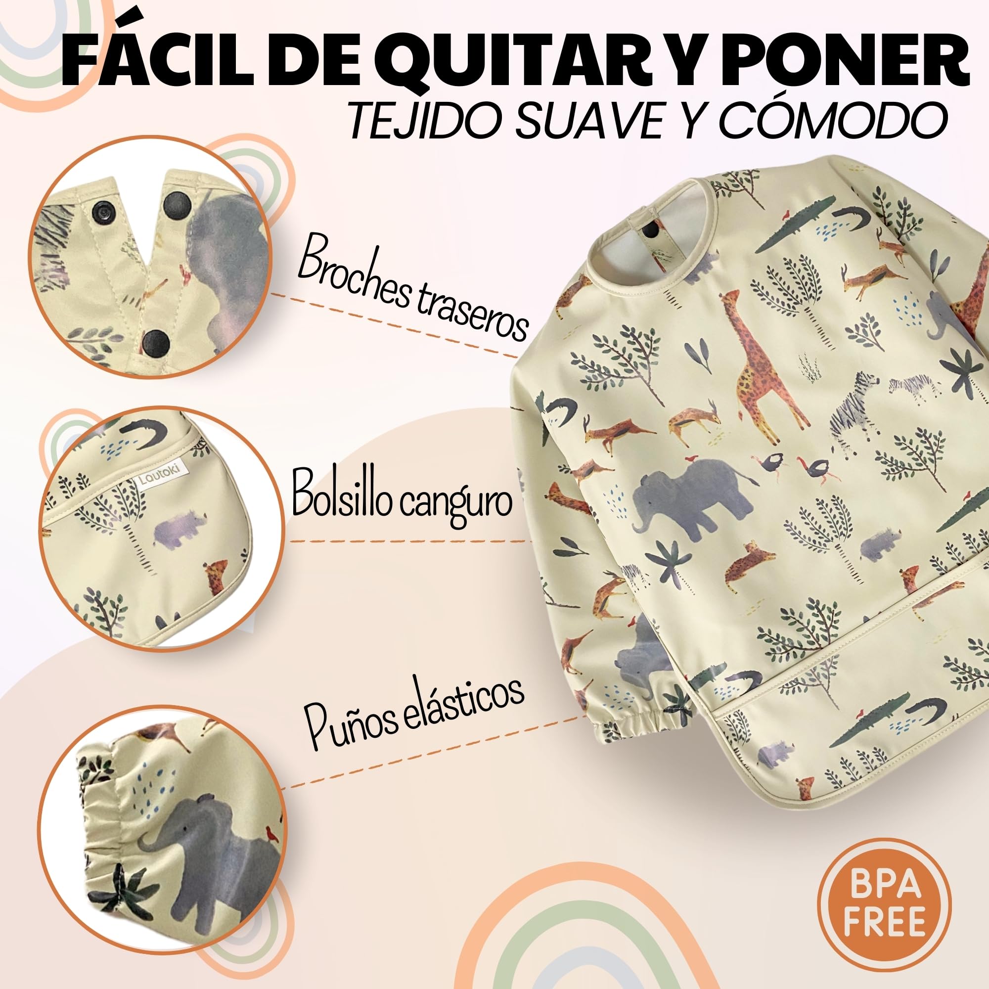 Baberos Bebé Impermeables con Mangas + Bolsita de Transporte | Babero BLW para Bebé 12–36 Meses | Doble Capa 100% Impermeable | Puños Elásticos y Bolsillo Canguro | Fácil de Limpiar