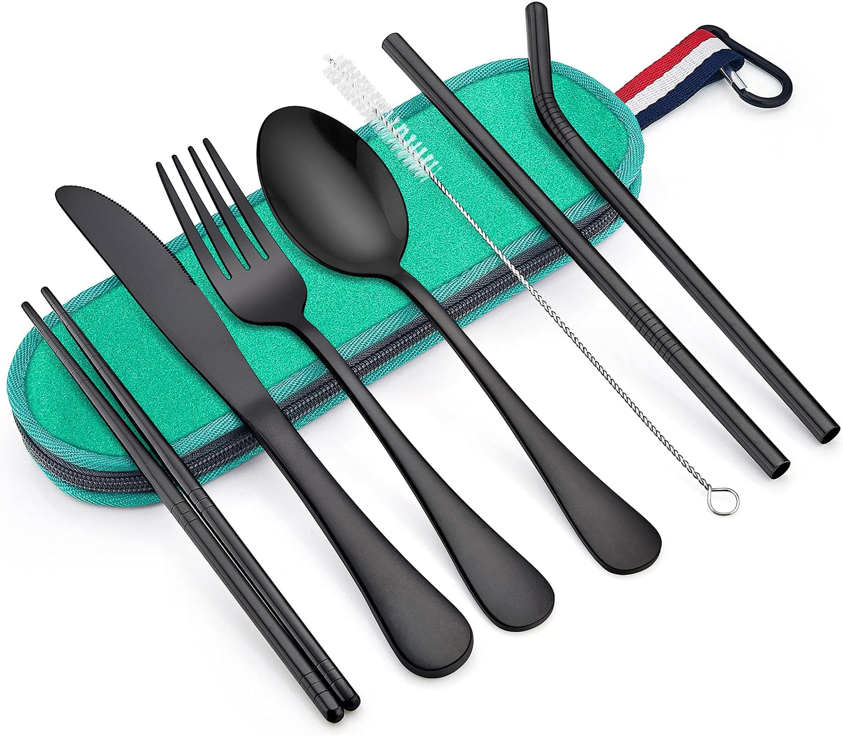 LIANYU8-Piece Black Travel Utensils Silverware Set, Portable Stainless Steel Flatware Set, Reusable Cutlery with Chopsticks Straws, Green Case