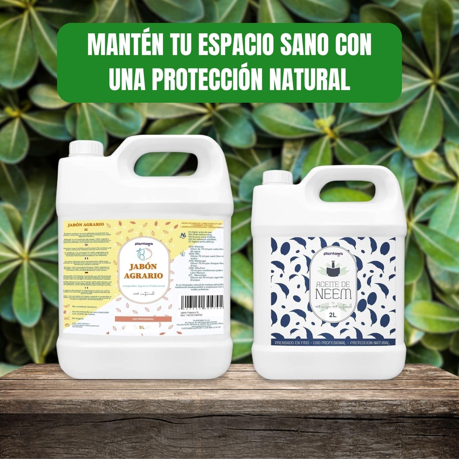 PLANTAWA Pack Jabón Potásico 5L + Aceite de Neem 2L | Solución Multiusos | Fácil Aplicación y Máxima Eficacia | Versátil | Uso en Interior y Exterior | Productos de origen natural