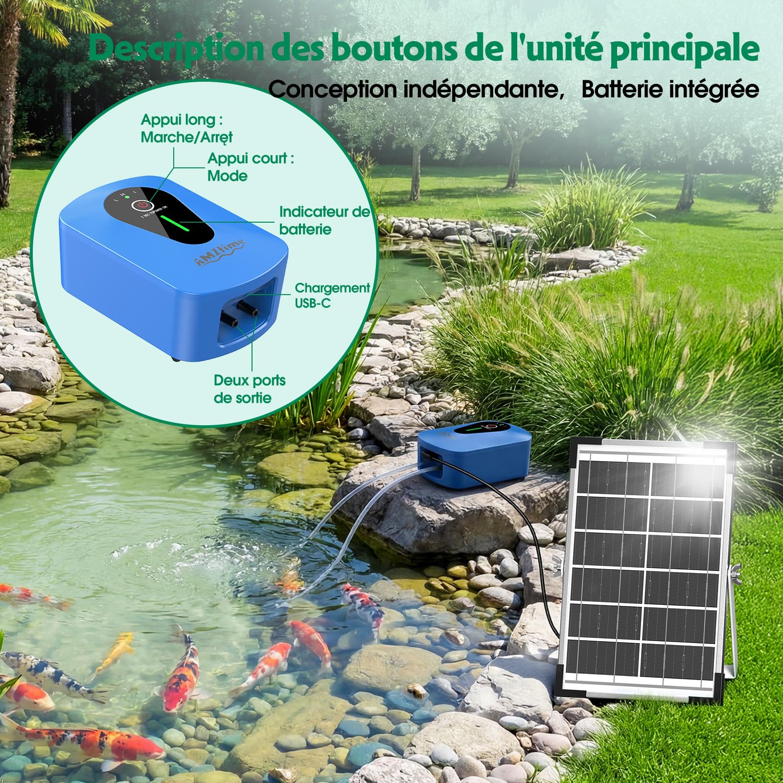 AMZtime 8 W Pompe à oxygène à Double Pompe, Pompe à oxygène Solaire avec Batterie, 3 Modes et 4 Pierres à Bulles, adaptée aux bassins de Jardin, à la pêche et à la Culture hydroponique
