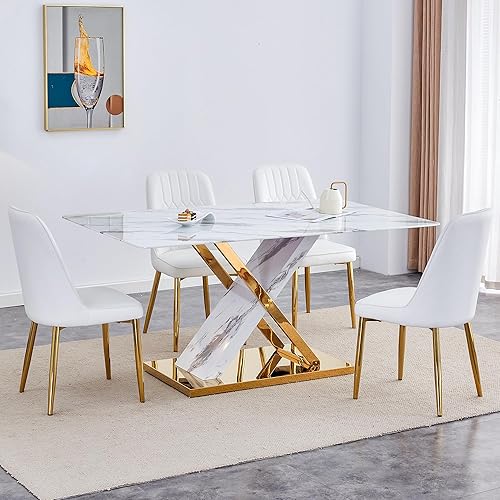 Miniatura 39 de Juego de mesa de comedor de mármol para mesa rectangular blanca de 6.63 pulgadas con marco de metal plateado en forma de X y 6 sillas de comedor de