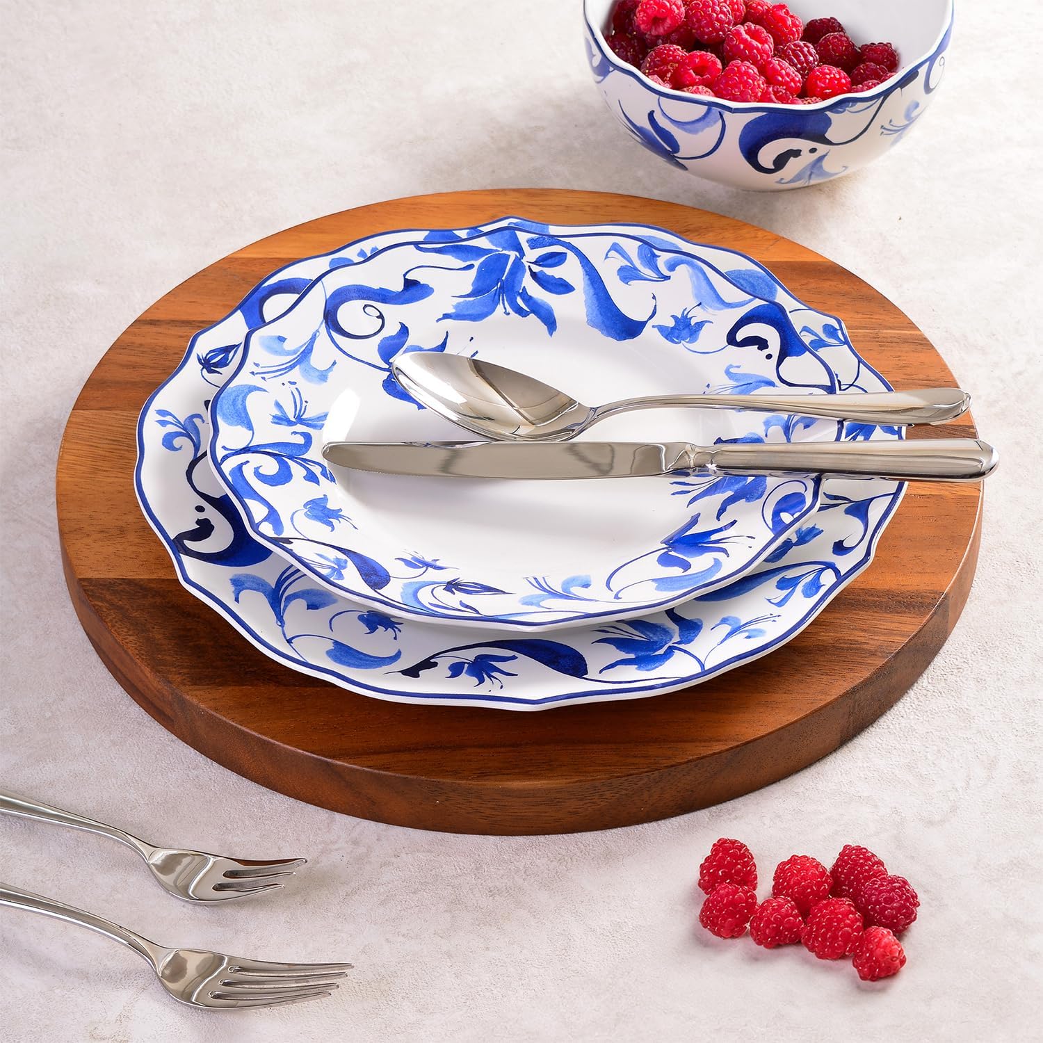 222 Fifth 12-Piece Porcelain Dinnerware Set for 4, Blue & White Plates and Bowls Set, Glossy Ceramic Dish Set with Beautiful Floral Rims, Elegant Kitchen Dishes, Microwave & Dishwasher Safe, Ayla