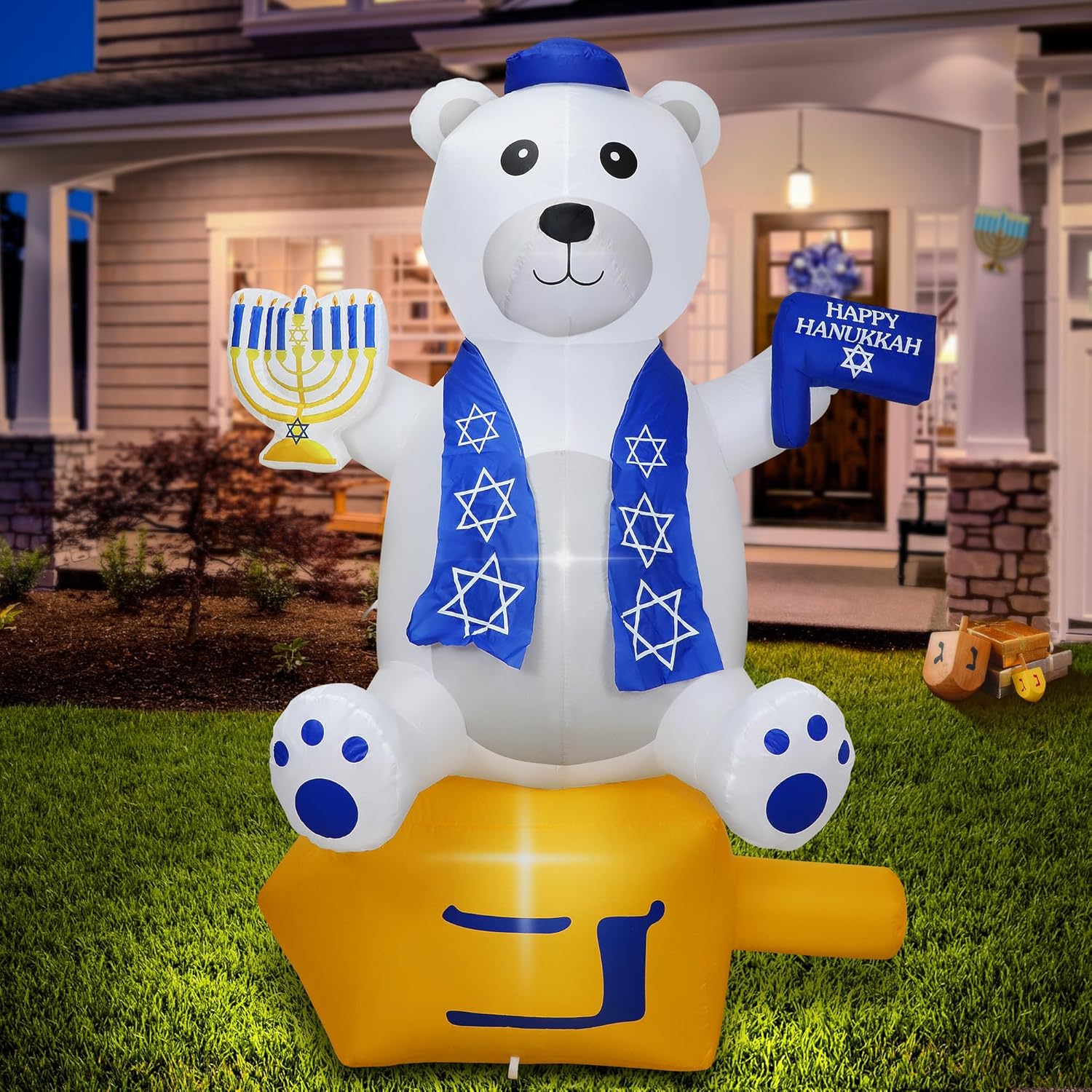 6 Foot Hanukkah Inflatables Outdoor Decorations Bear Holding a Star of David and Menorah with Built-in LED Lights, Blow up Hanukkah Decorations Outside Chanukah Decorations for Yard Garden Home Party