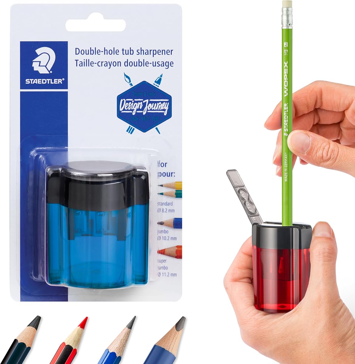 Metal Double Hole Sharpener with Oval Tub - Manual Pencil Sharpener for Regular & Large Pencils, Makeup Pencils - 2 Sizes with Hinged Lid (Assorted Colors)