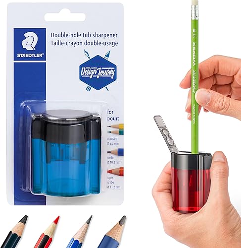 STAEDTLER Sacapuntas de metal de doble agujero con bañera ovalada, sacapuntas manual para lápices regulares y grandes, lápices de maquillaje, 2