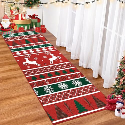 Miniatura 2 de Alfombra de Navidad de 2 x 6 pies, antideslizante, para pasillo, invierno, árbol de Navidad y copo de nieve, alfombra lavable para interiores para