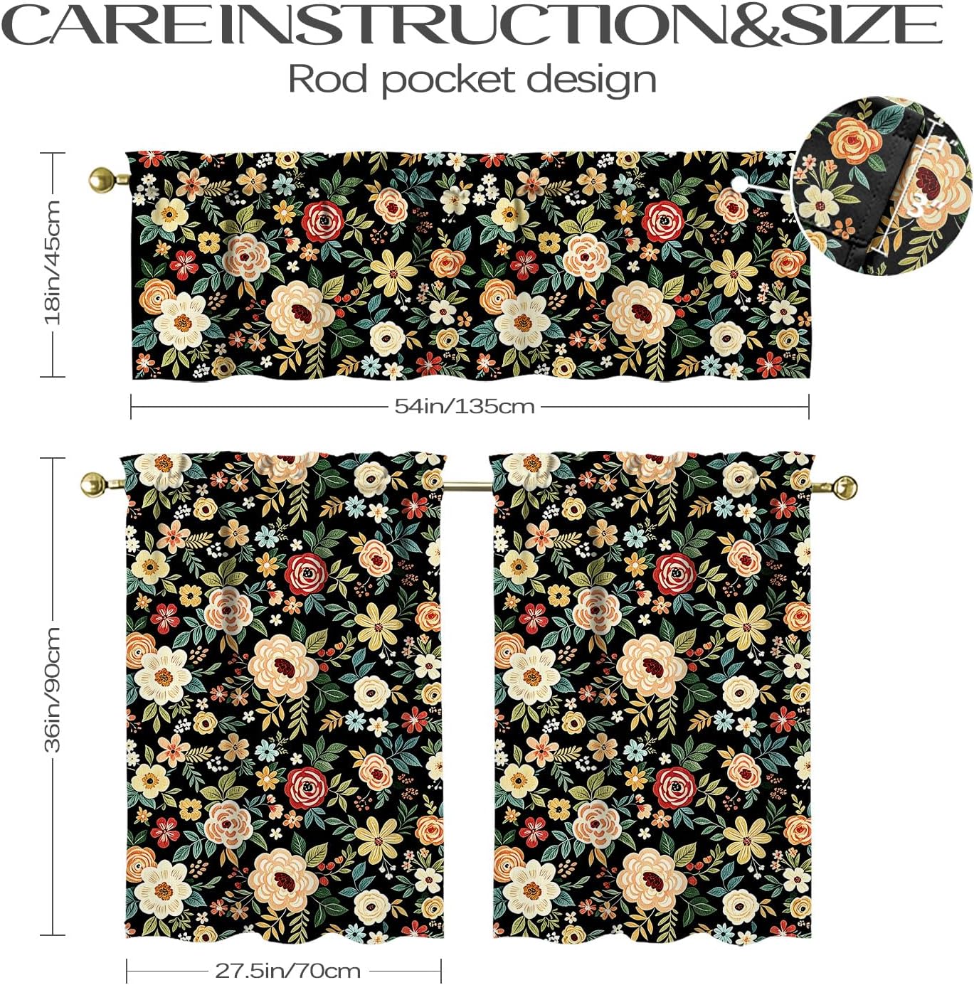 Floral Kitchen Curtains Valances and Tiers Set for Windows,Flower Lover Bathroom Window Curtain Valance 3 Piece Sets,Kitchen Decor for Living Room,54''x 36''