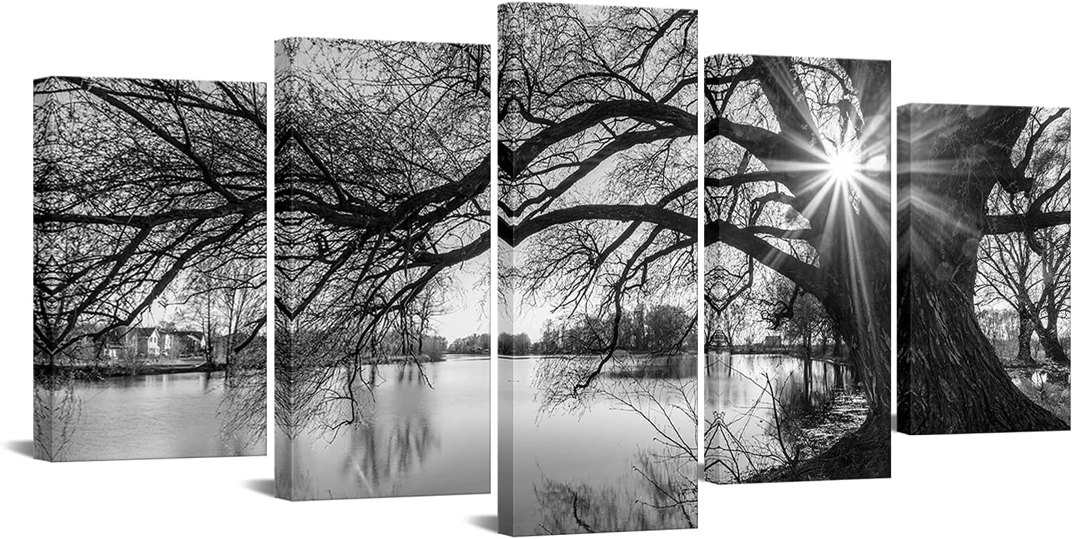 sechars - 5 Pieces Wall Art,Old Tree by Lake Picture Canvas Prints Sunrise Painting Black and White Landscape Canvas Art,Modern Wall Decoration,Framed and Ready to Hang
